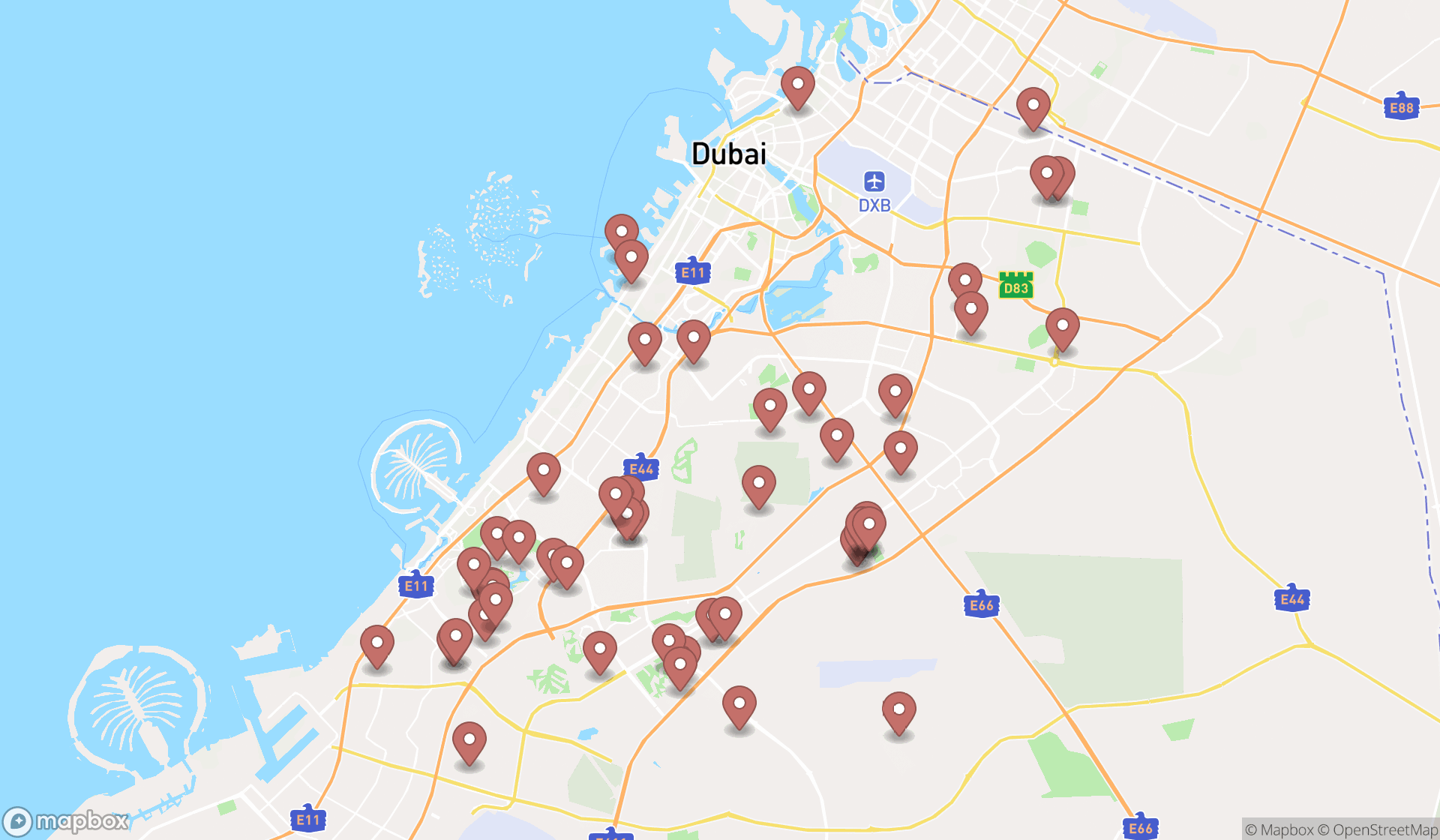 Map showing the search results in Dubai