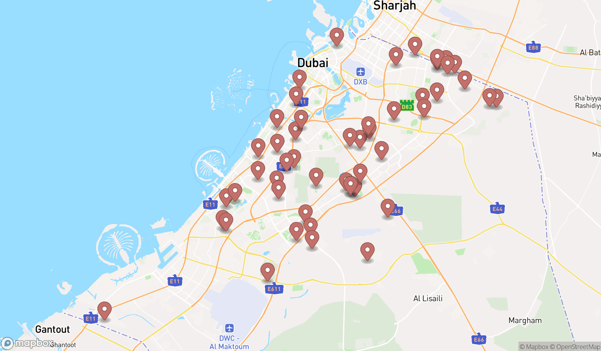 Map showing the search results in Dubai