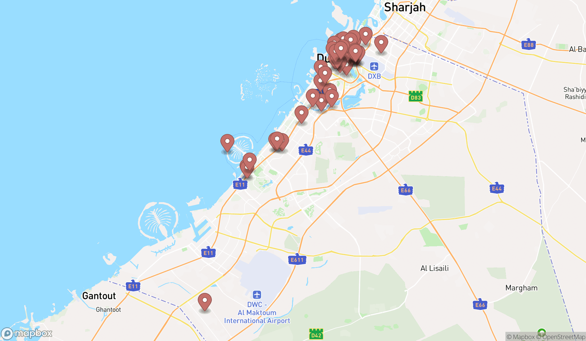 Map showing the search results in Dubai