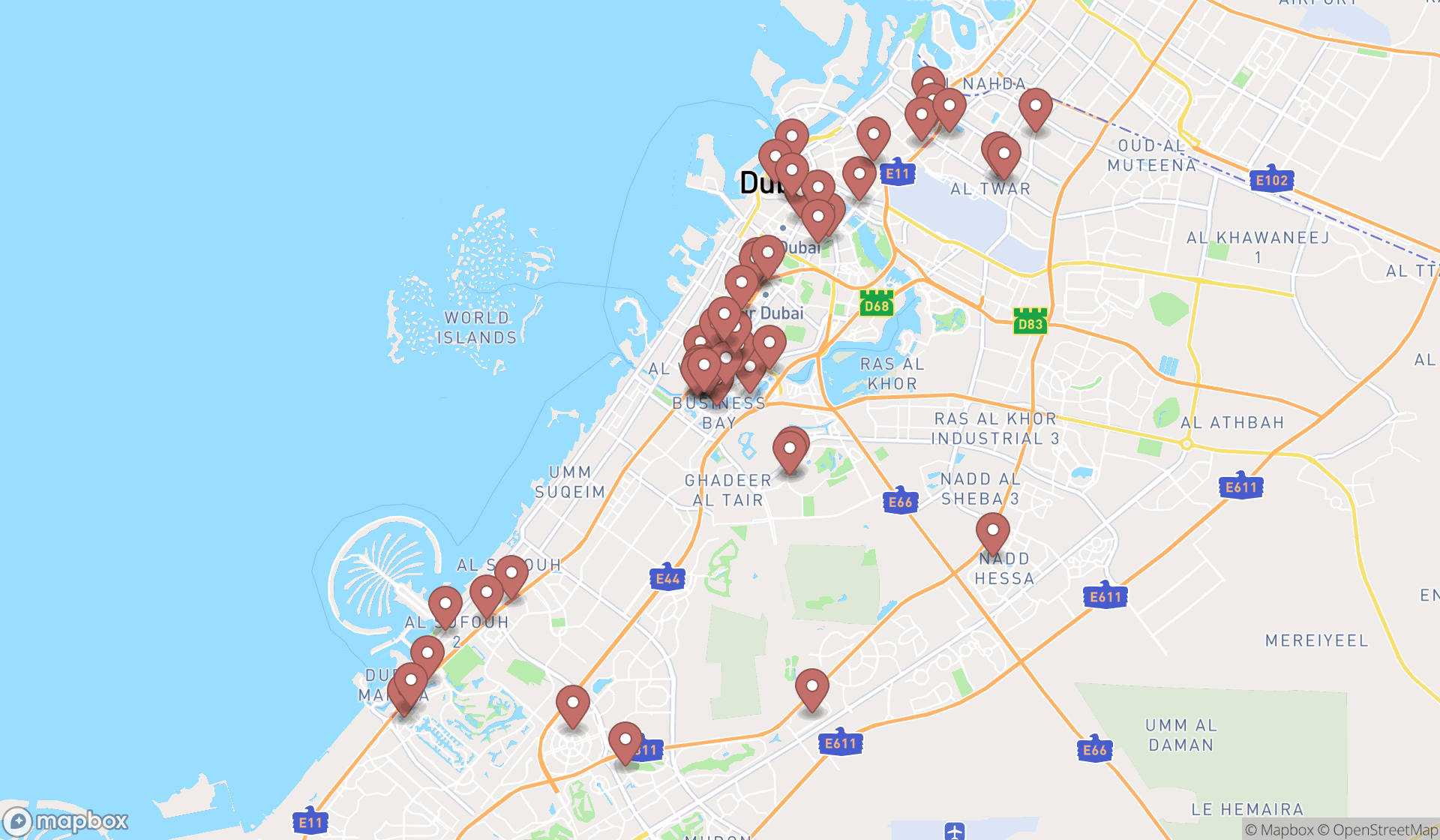 Map showing the search results in Dubai