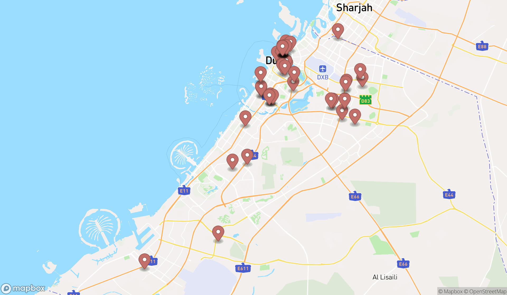 Map showing the search results in Dubai