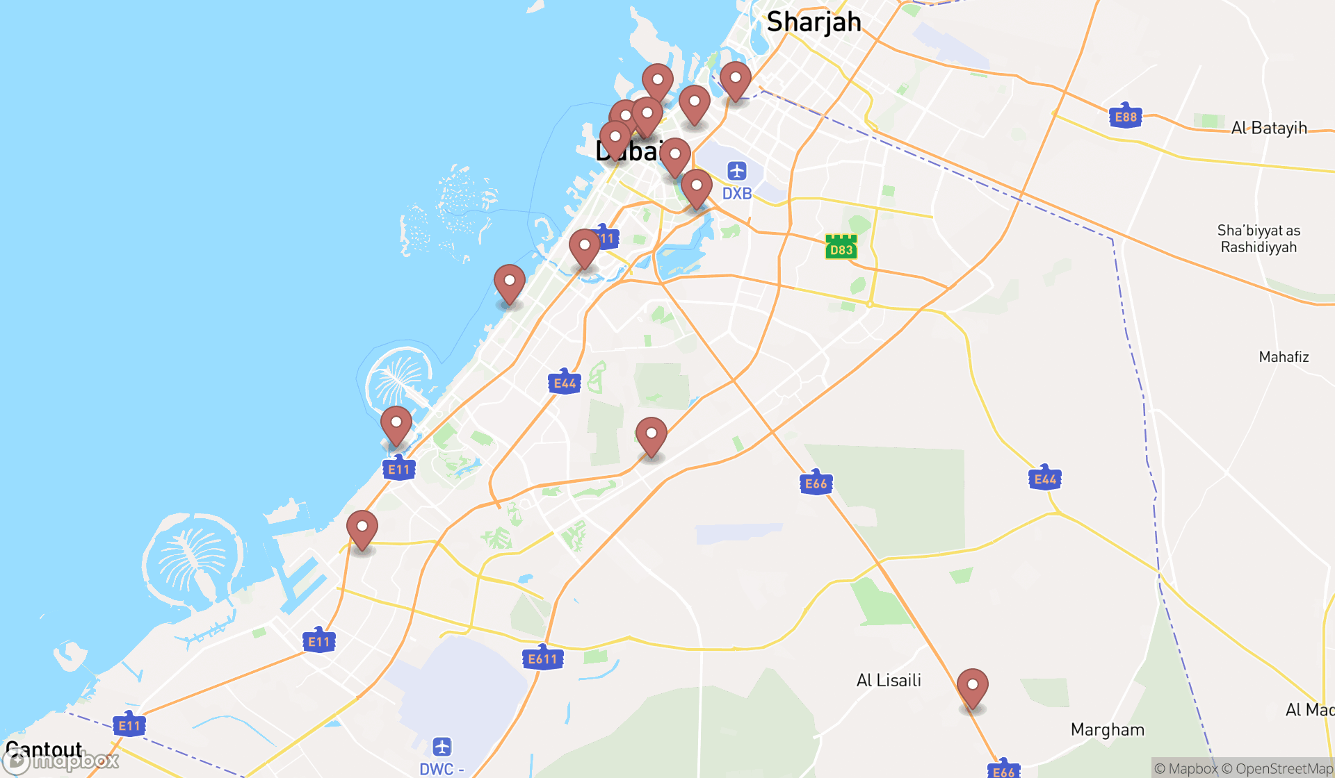Map showing the search results in Dubai