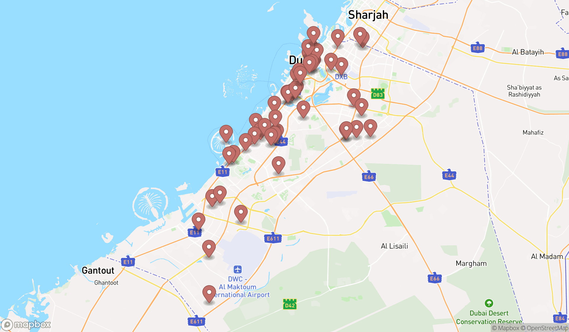 Map showing the search results in Dubai