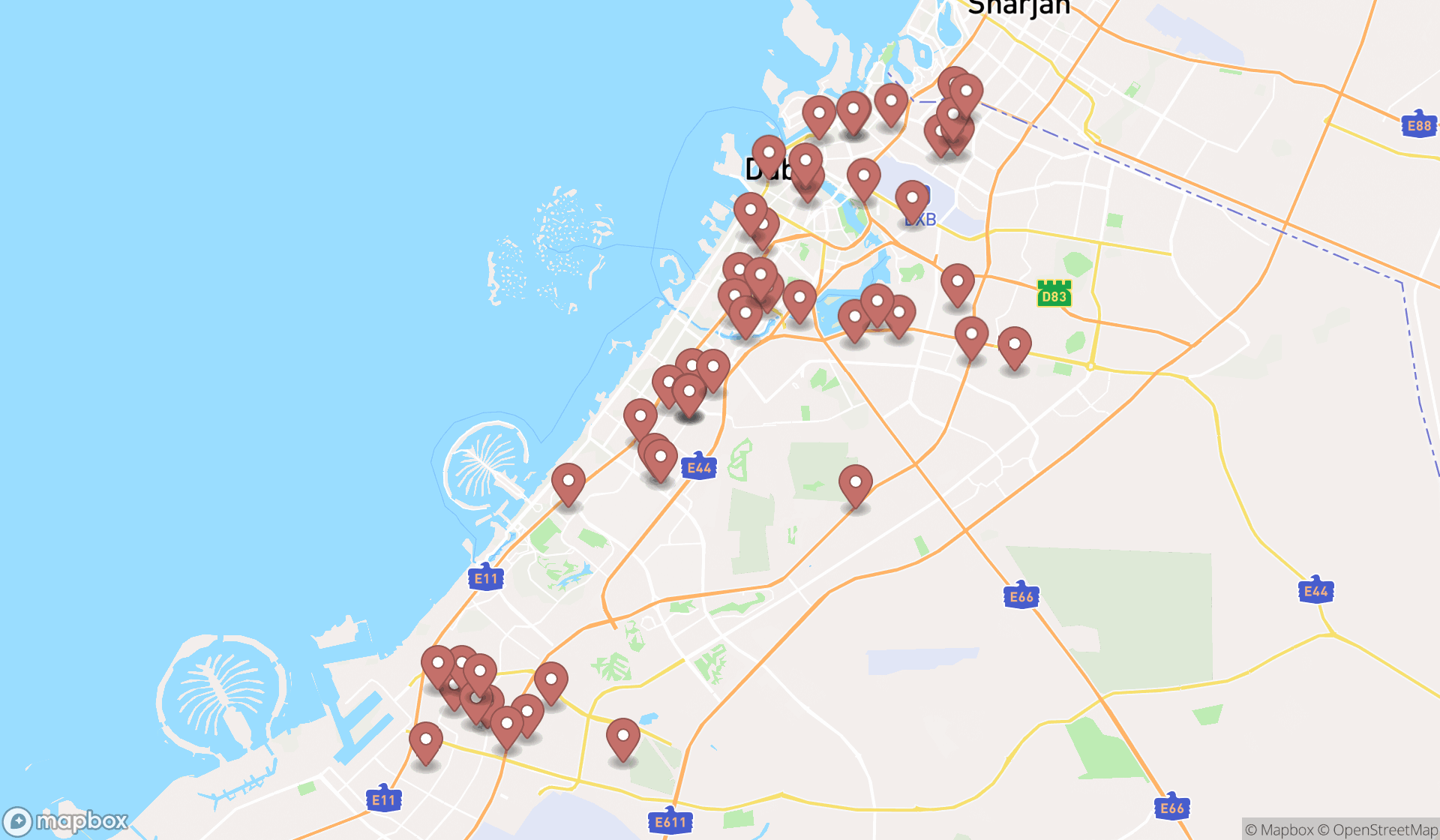 Map showing the search results in Dubai