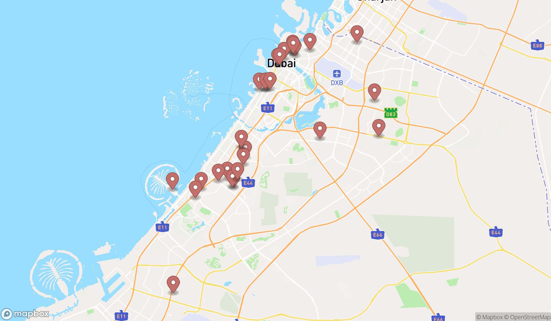 Map showing the search results in Dubai