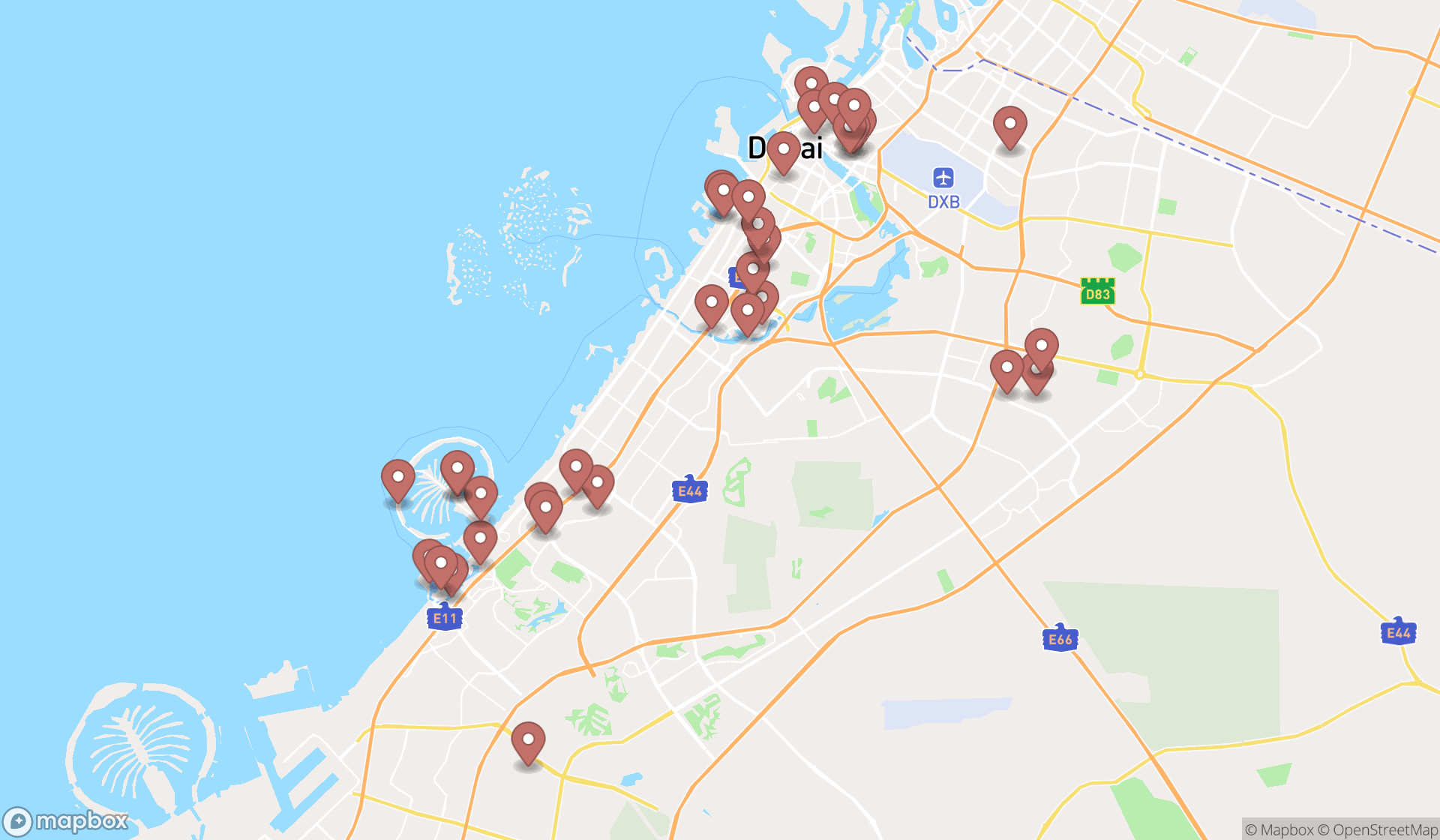 Map showing the search results in Dubai