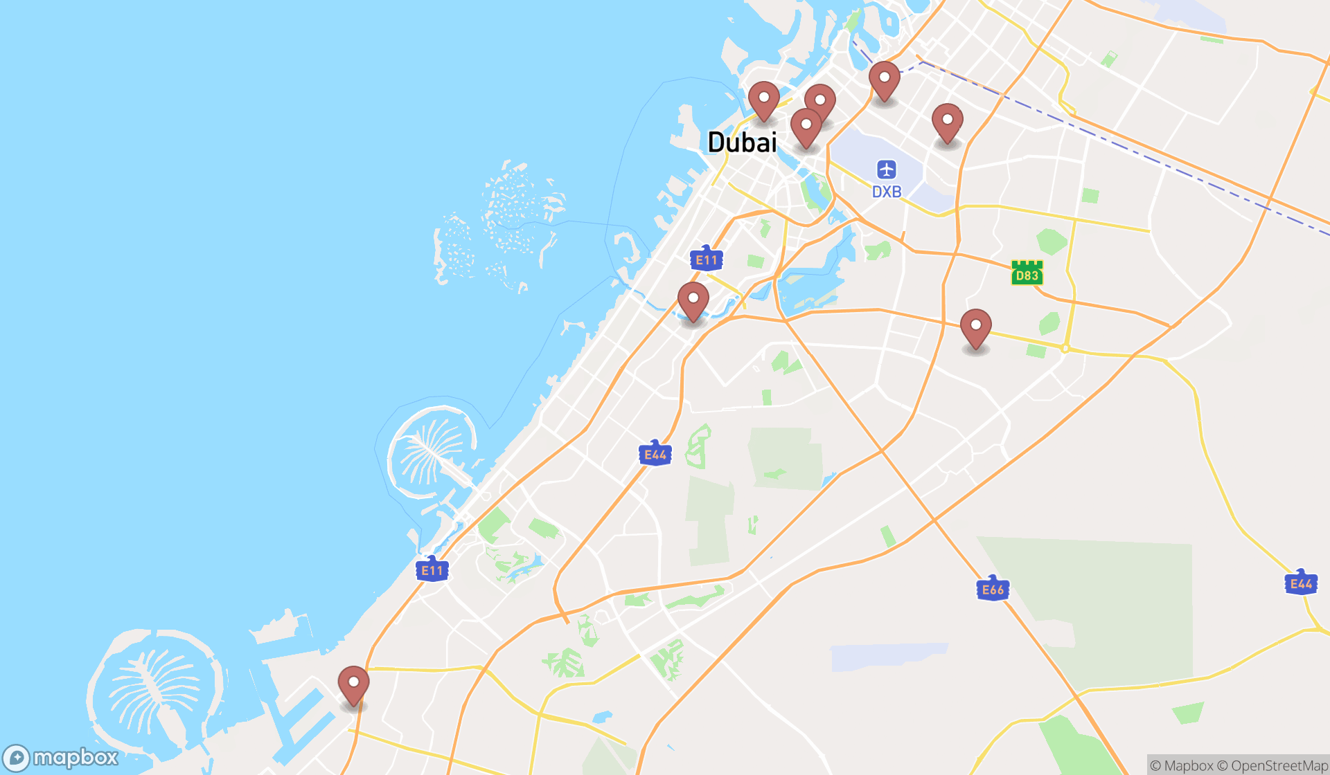 Map showing the search results in Dubai