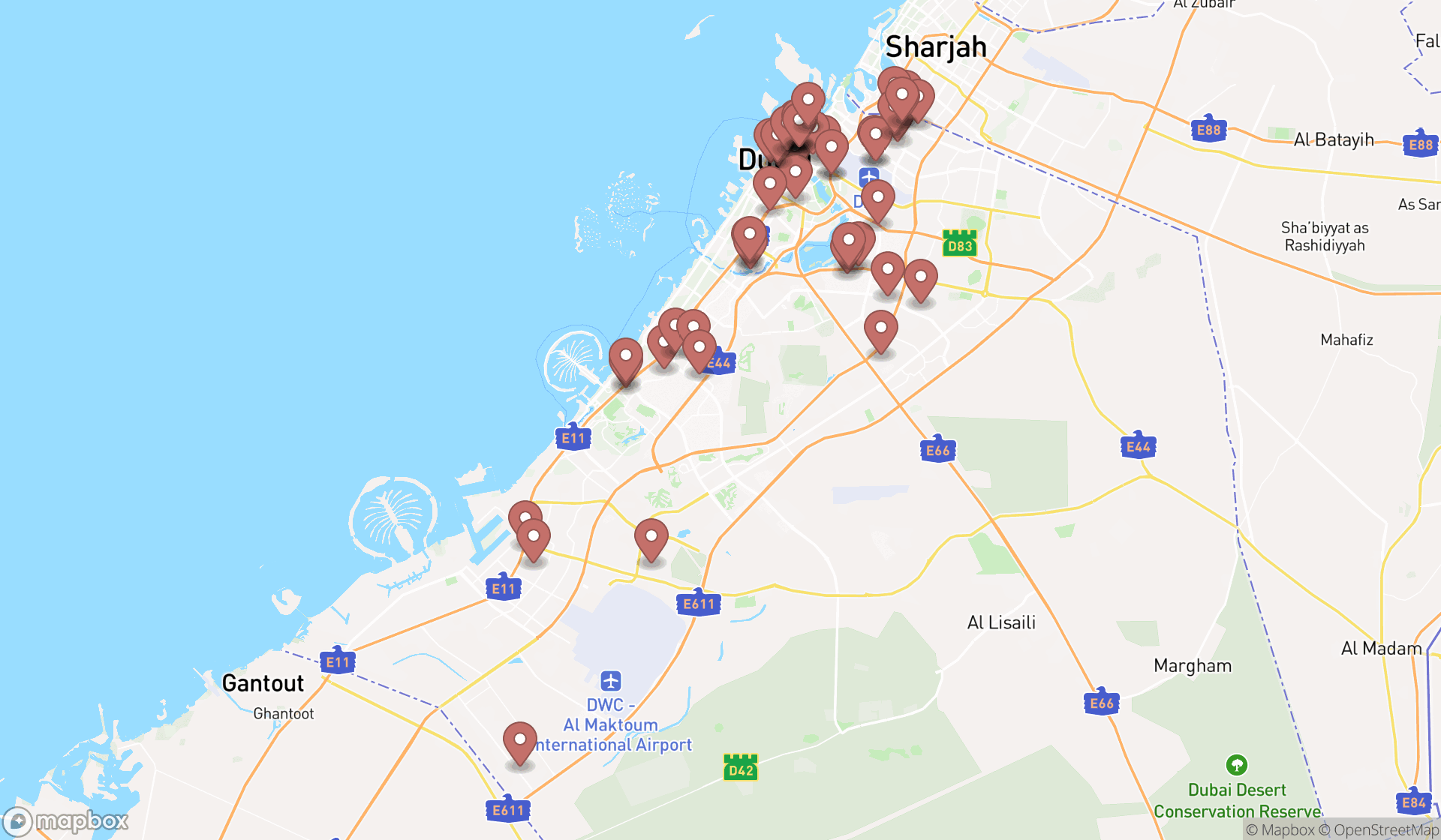 Map showing the search results in Dubai