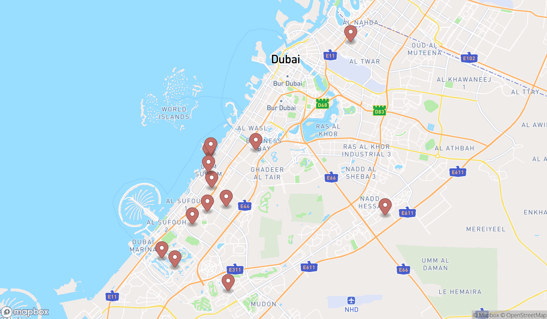 Map showing the search results in Dubai