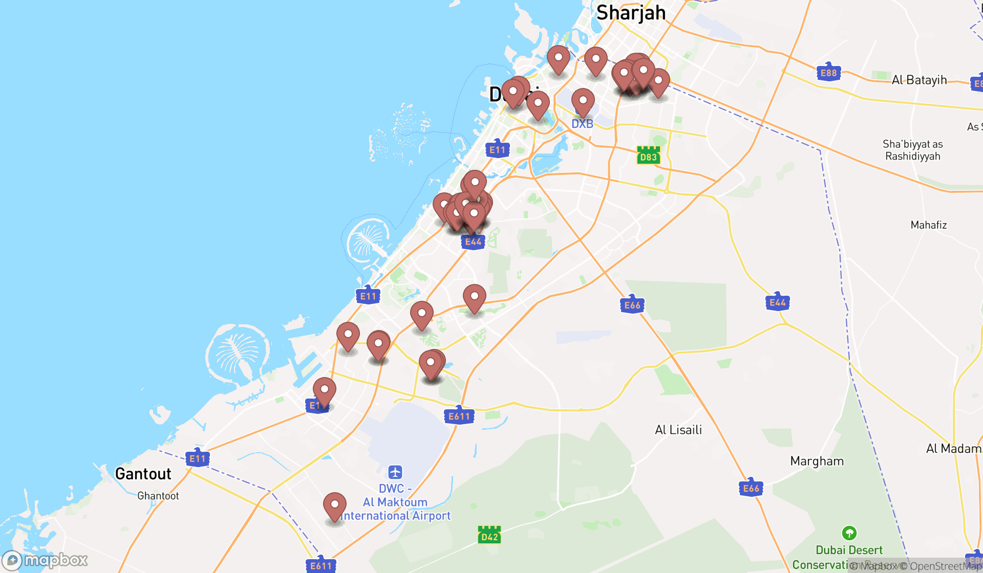 Map showing the search results in Dubai