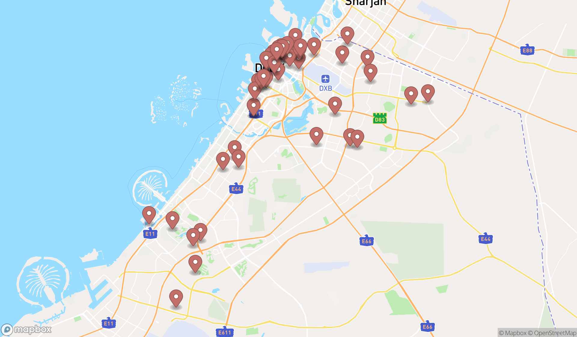 Map showing the search results in Dubai