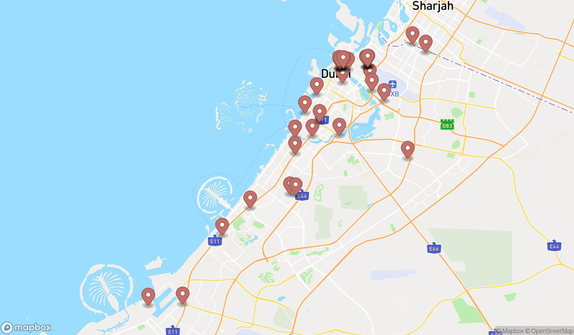 Map showing the search results in Dubai