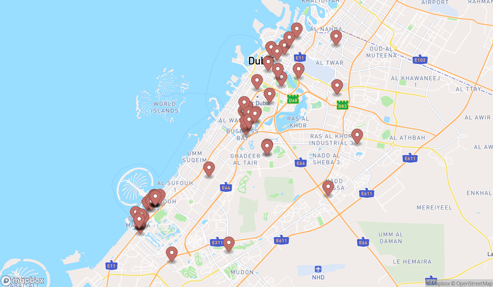 Map showing the search results in Dubai