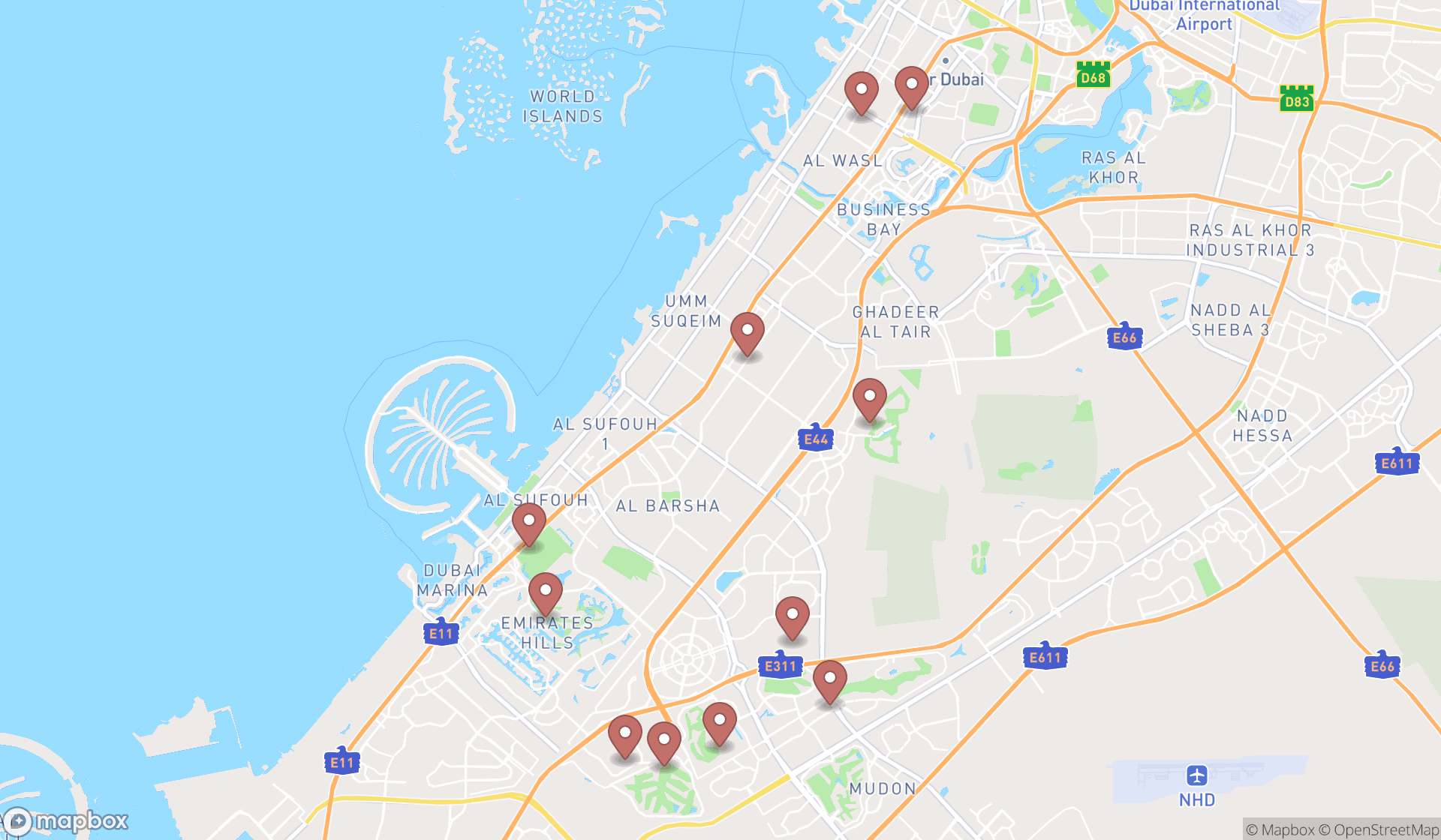 Map showing the search results in Dubai