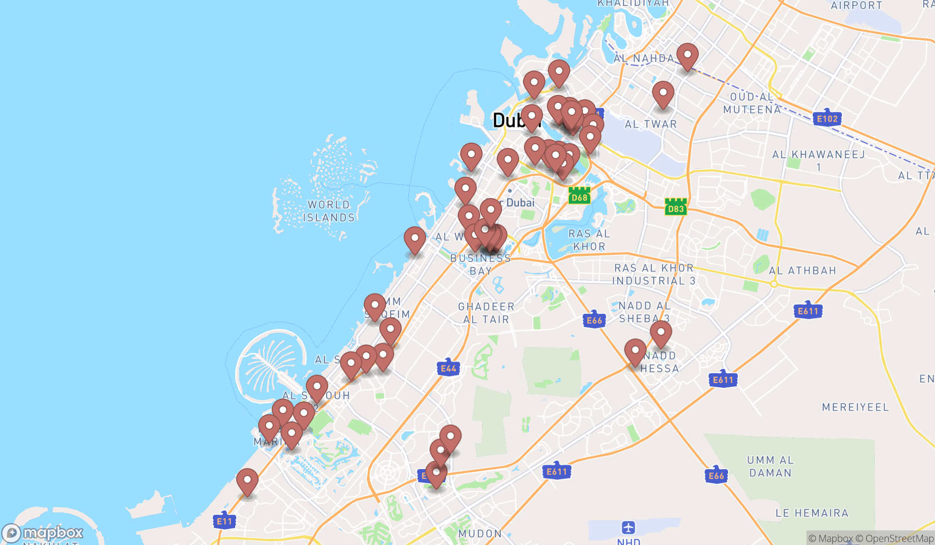 Map showing the search results in Dubai