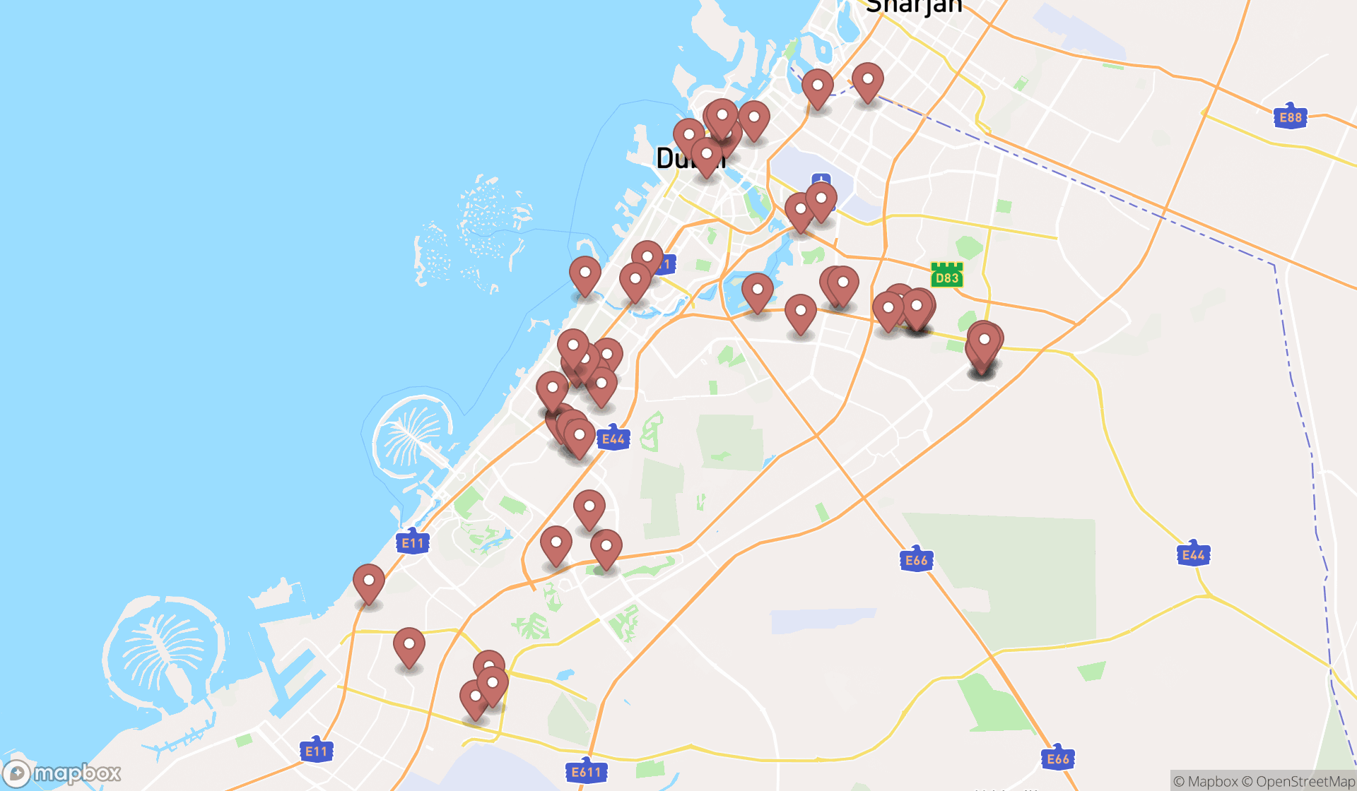 Map showing the search results in Dubai