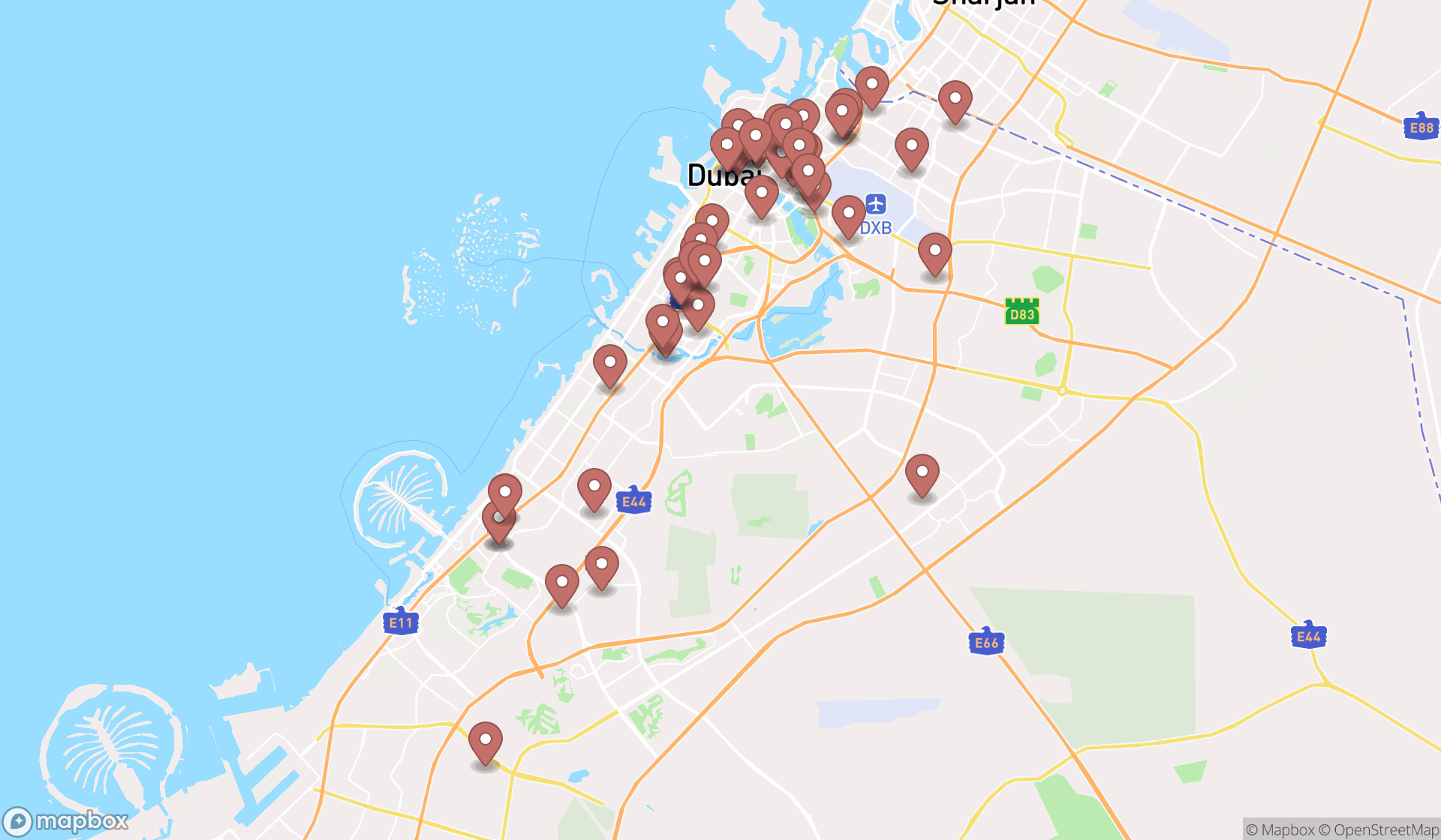 Map showing the search results in Dubai