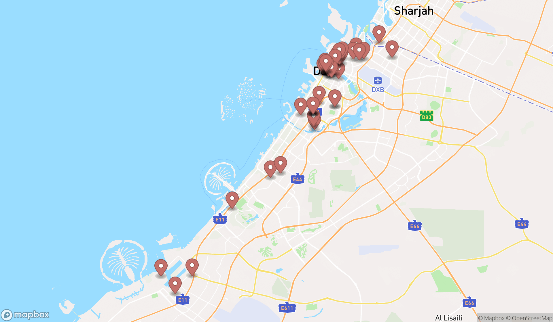 Map showing the search results in Dubai