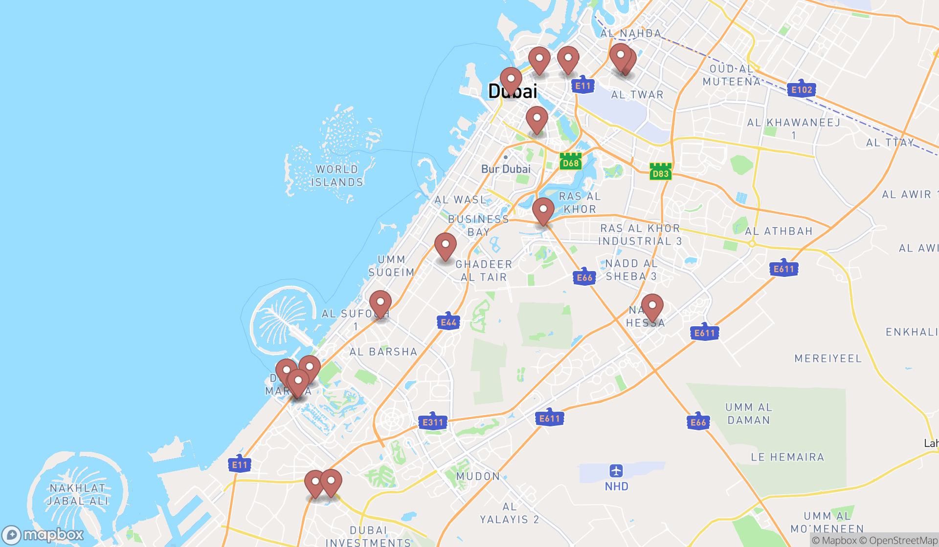 Map showing the search results in Dubai