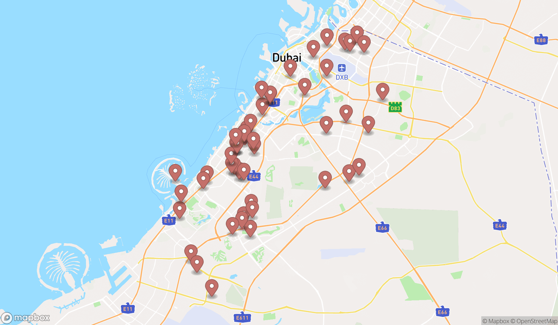 Map showing the search results in Dubai
