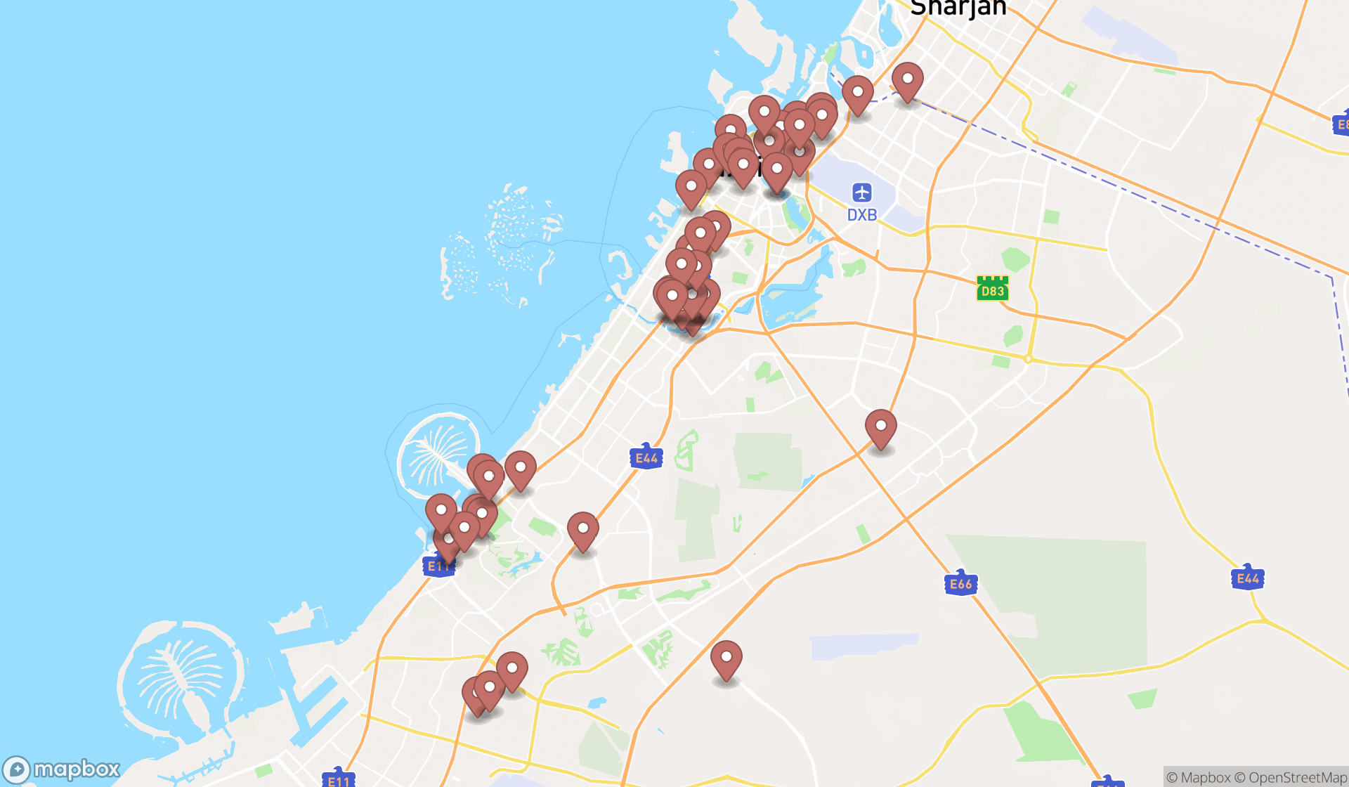 Map showing the search results in Dubai
