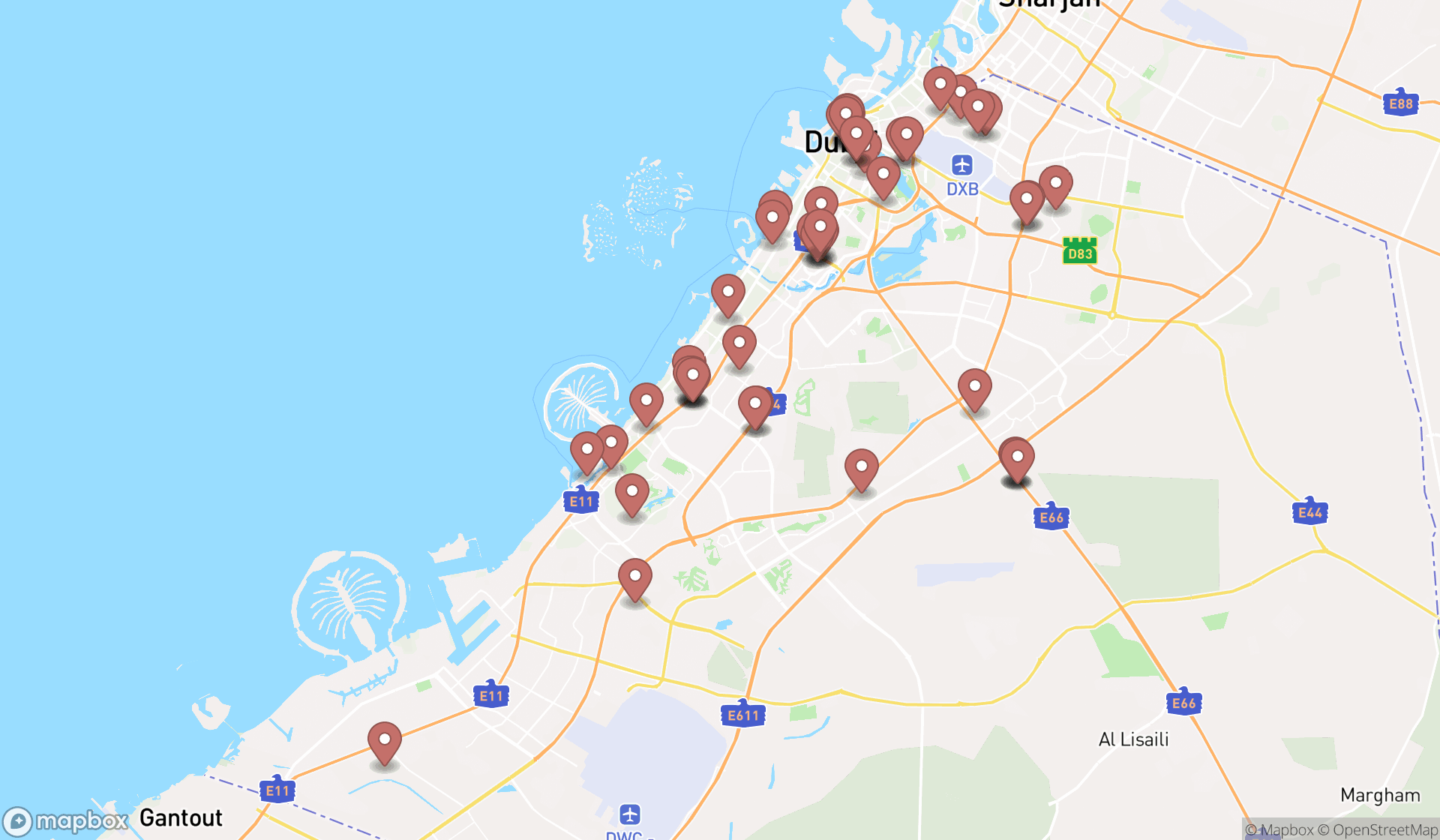 Map showing the search results in Dubai
