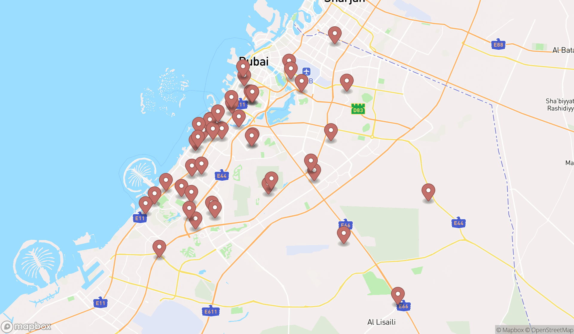 Map showing the search results in Dubai