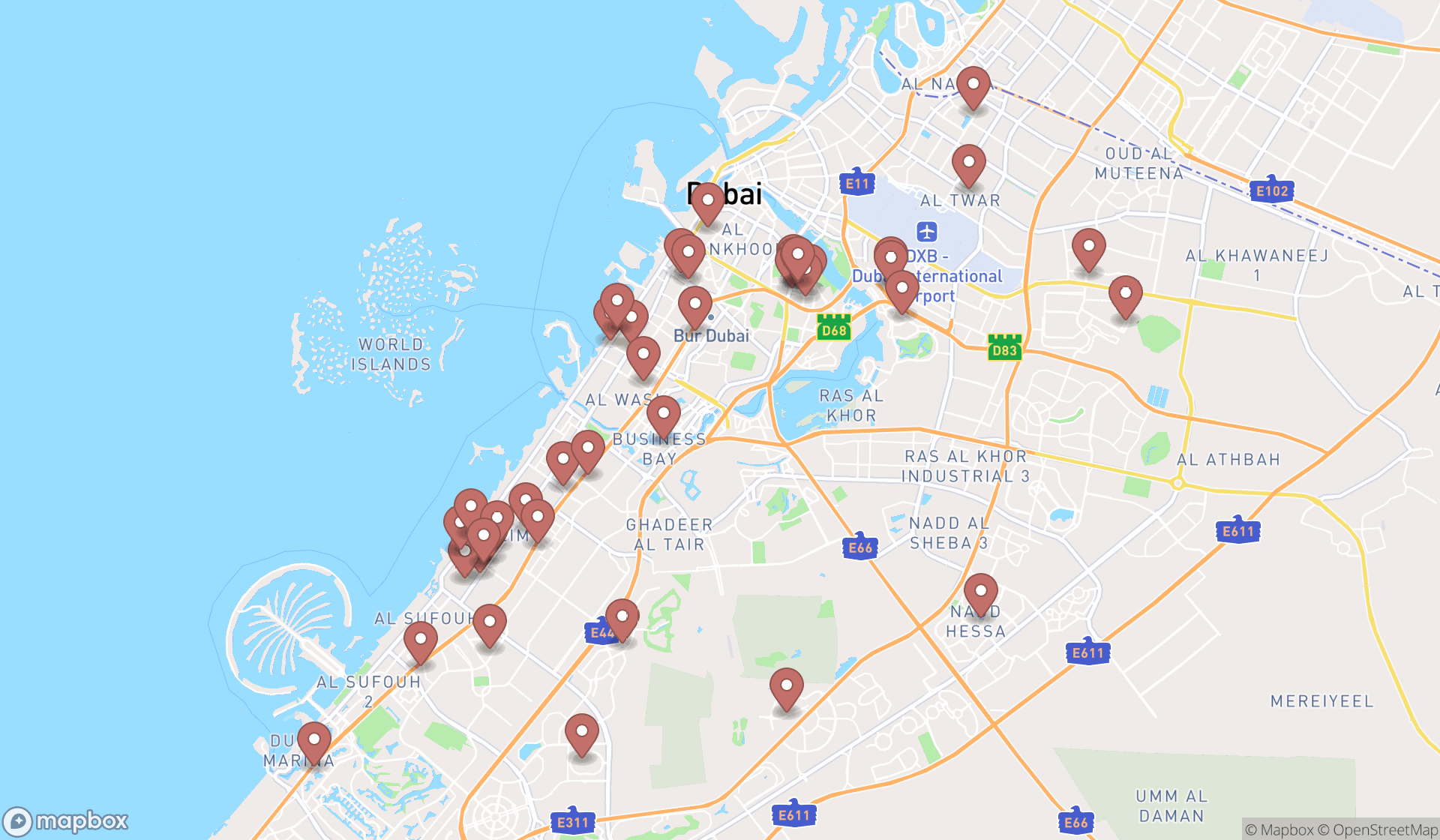 Map showing the search results in Dubai