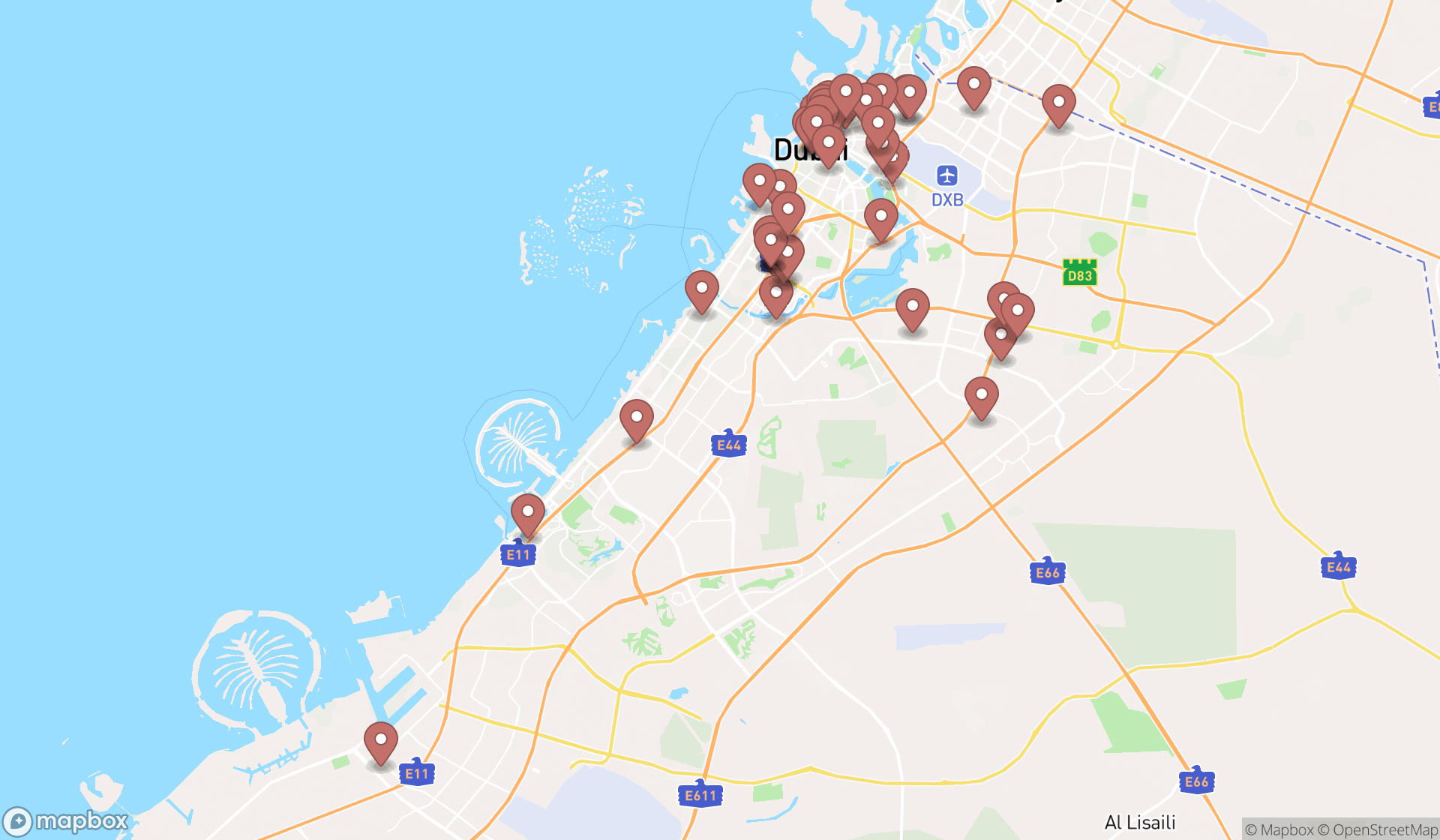 Map showing the search results in Dubai