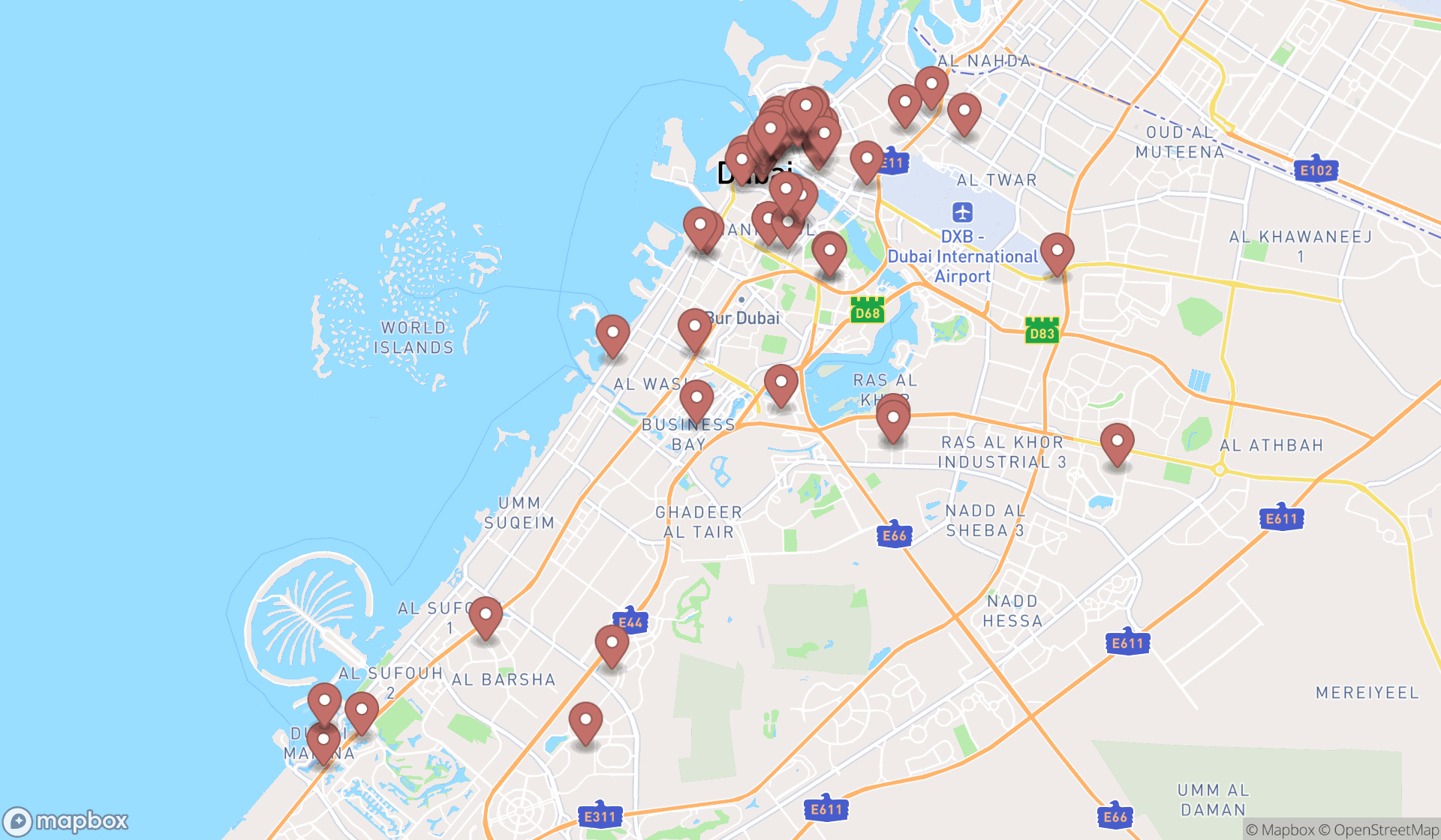 Map showing the search results in Dubai