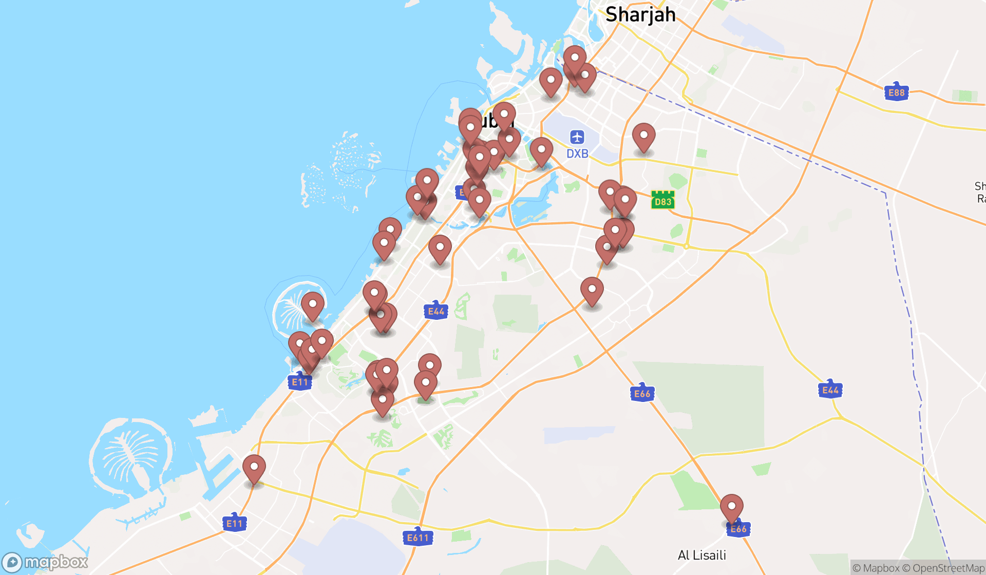 Map showing the search results in Dubai