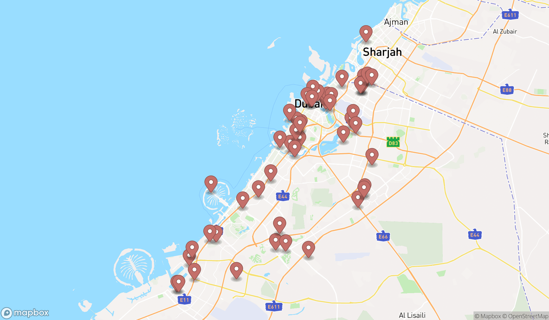 Map showing the search results in Dubai
