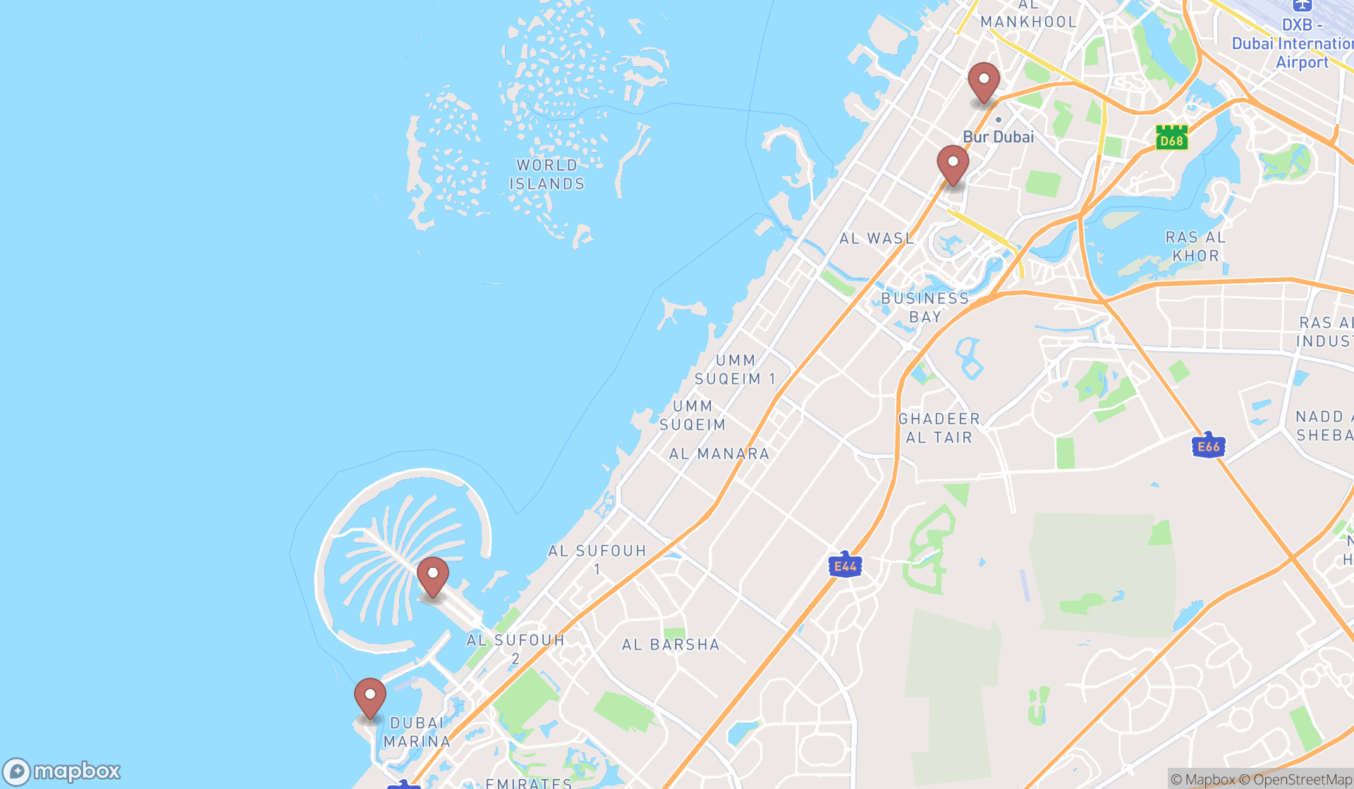 Map showing the search results in Dubai