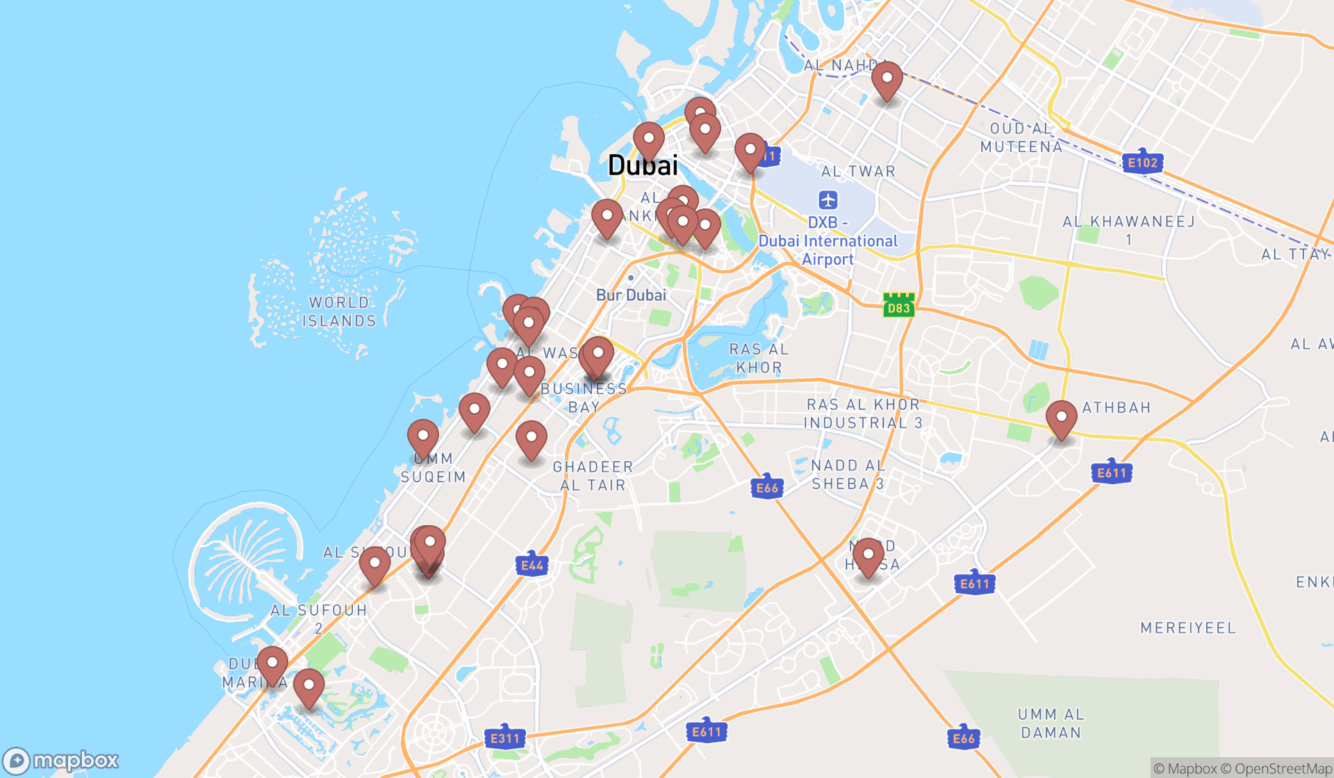 Map showing the search results in Dubai