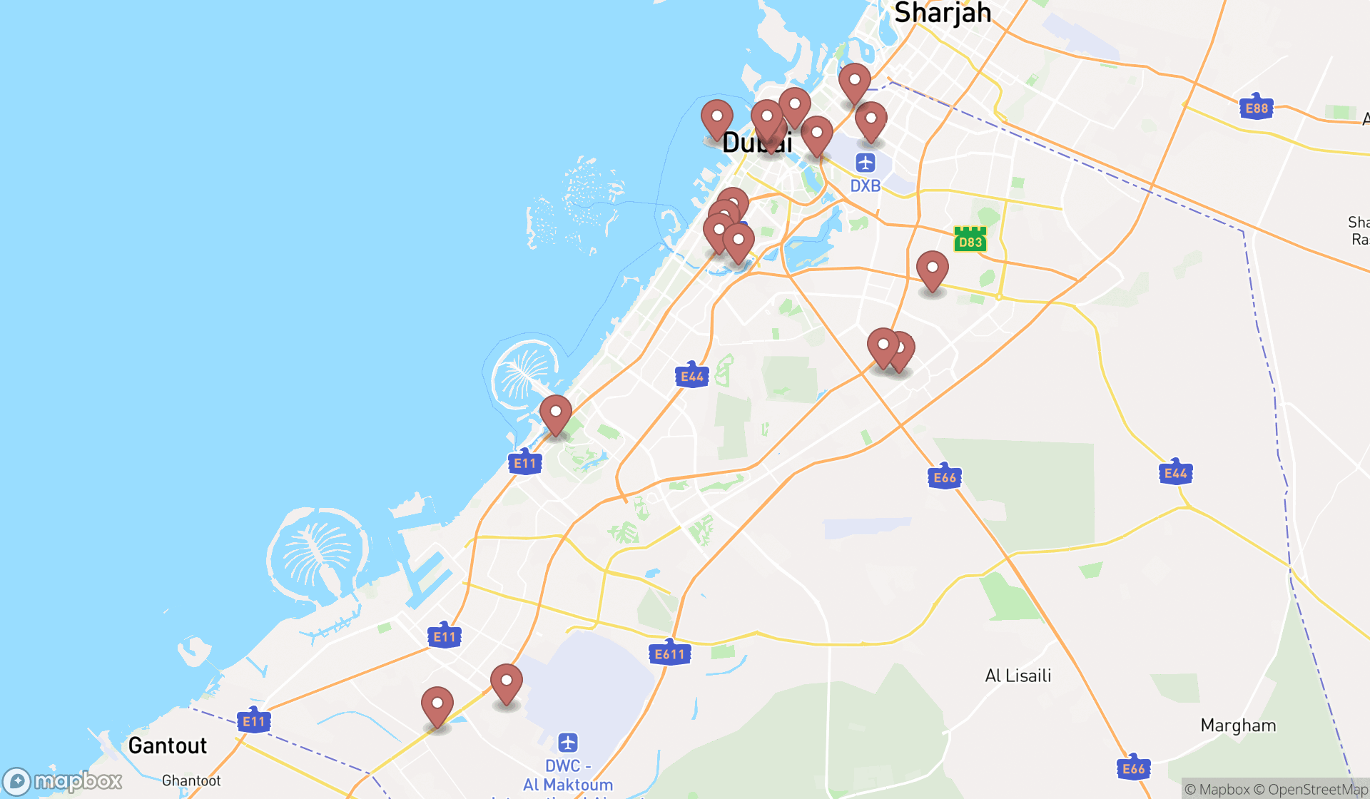 Map showing the search results in Dubai
