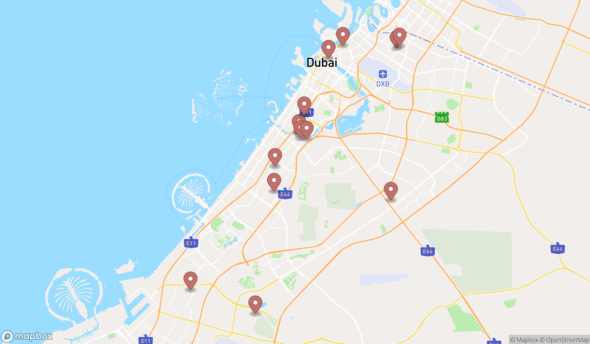 Map showing the search results in Dubai