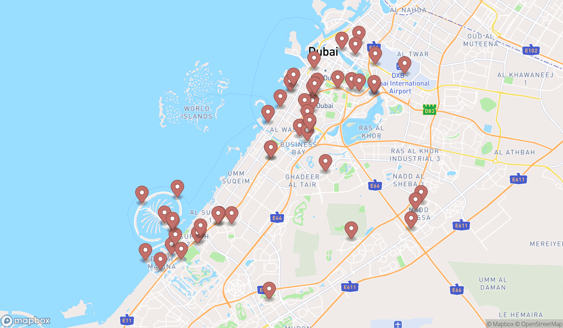 Map showing the search results in Dubai