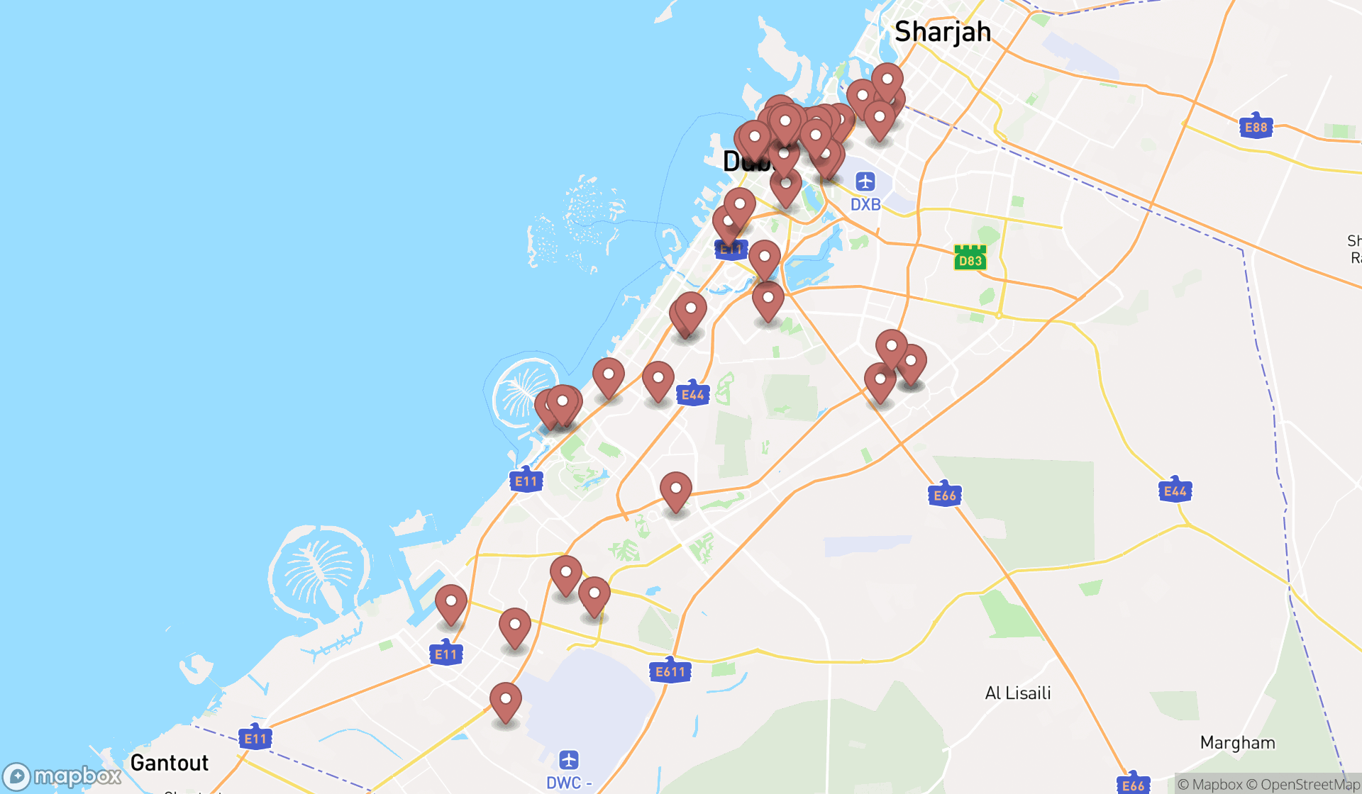 Map showing the search results in Dubai