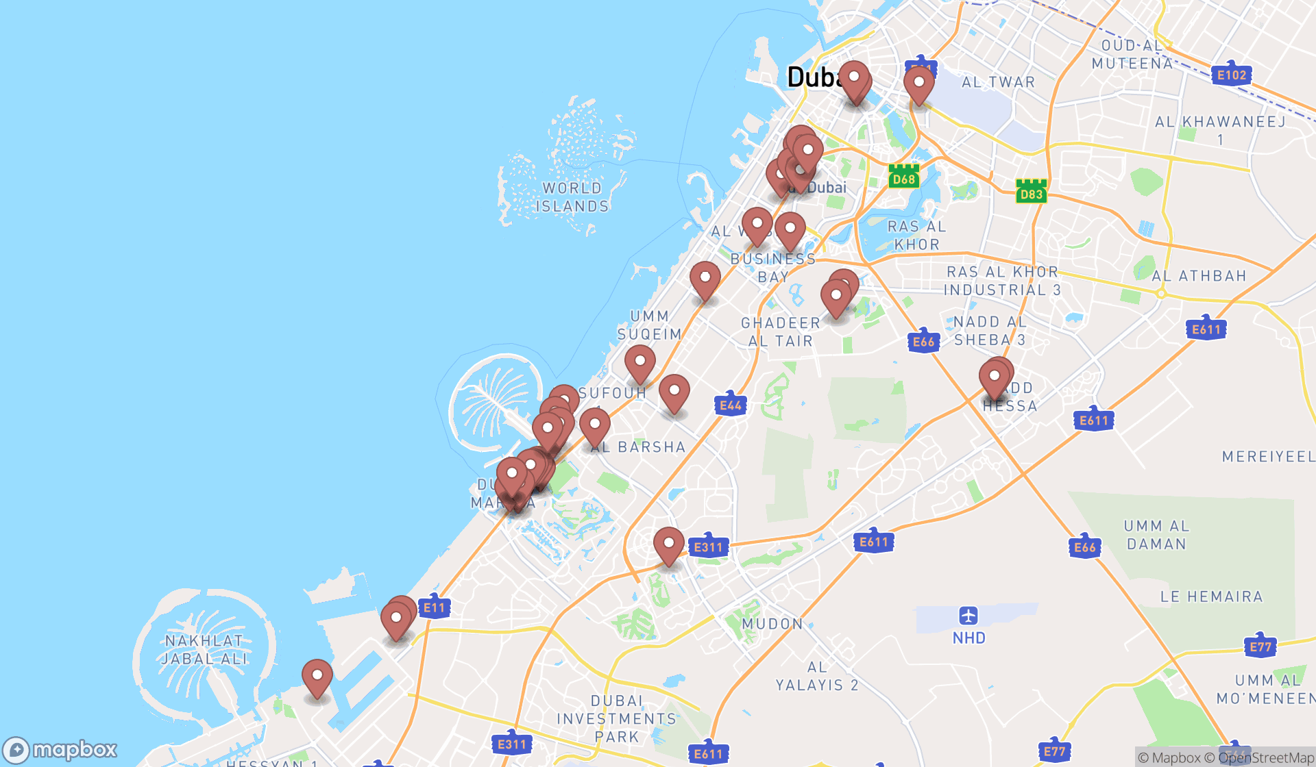 Map showing the search results in Dubai
