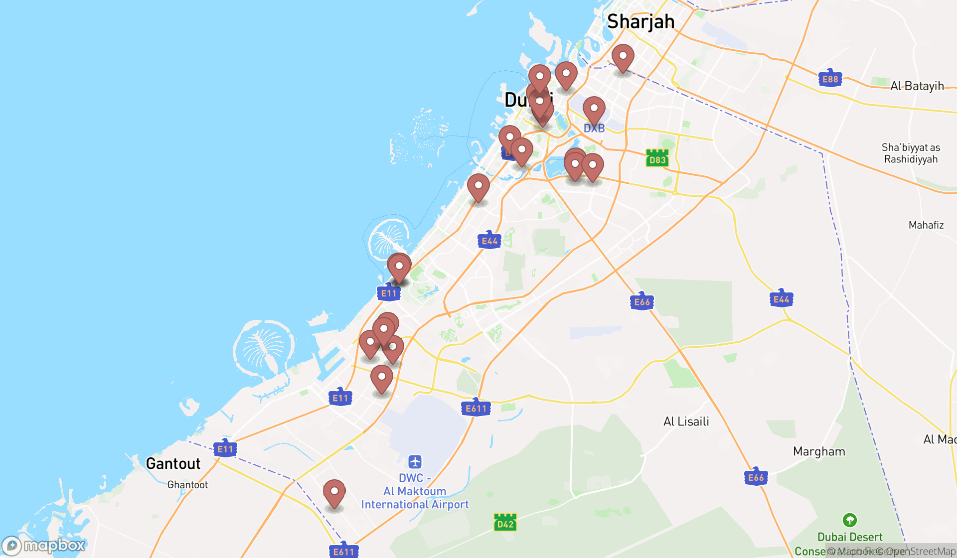 Map showing the search results in Dubai