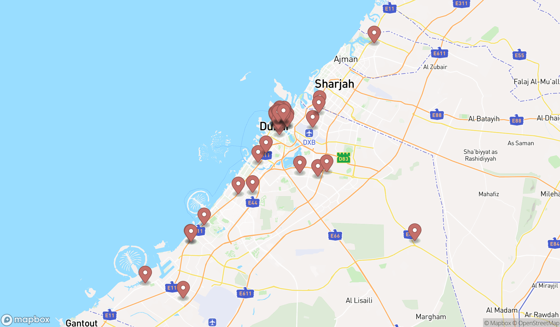 Map showing the search results in Dubai