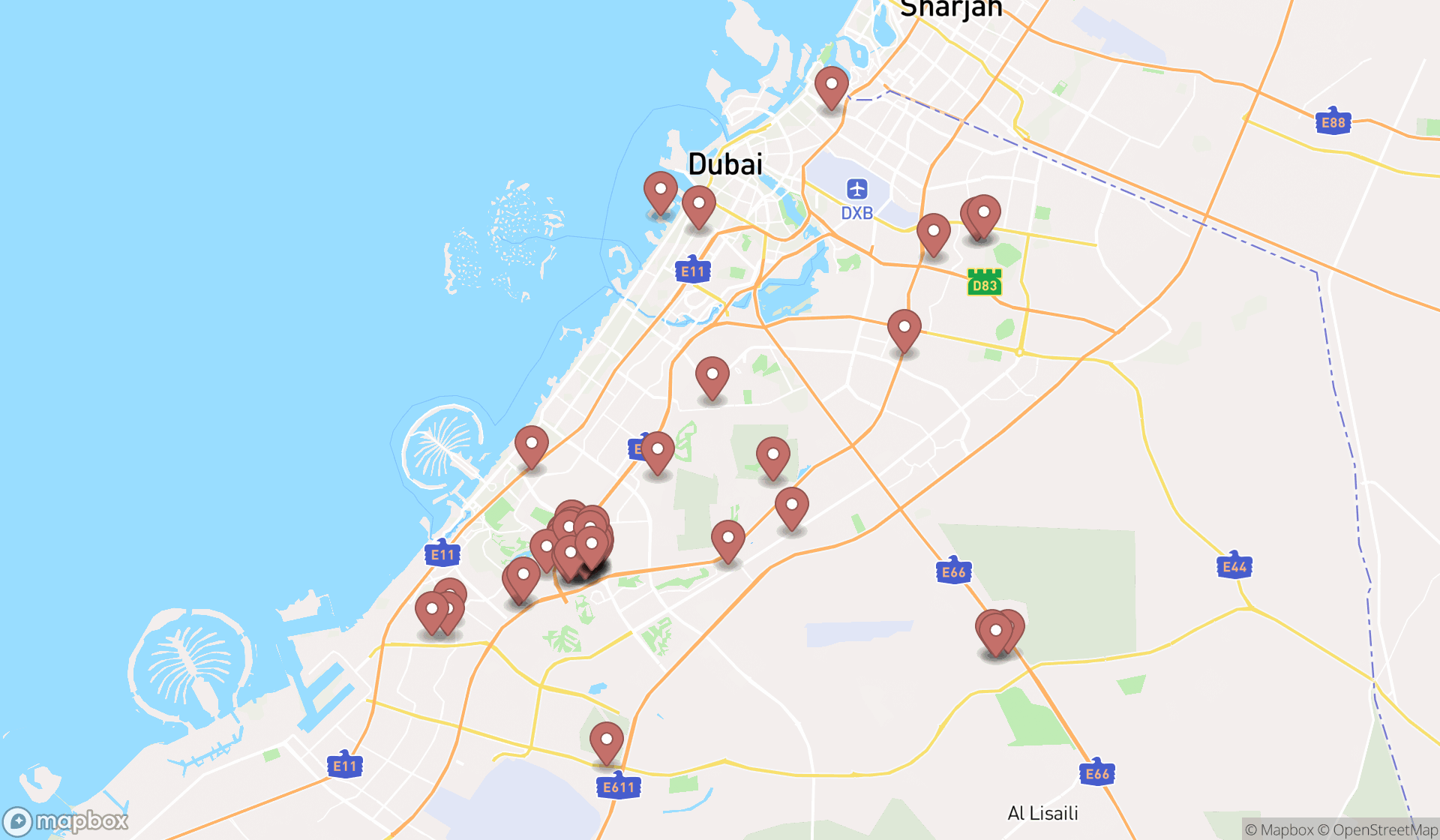 Map showing the search results in Dubai