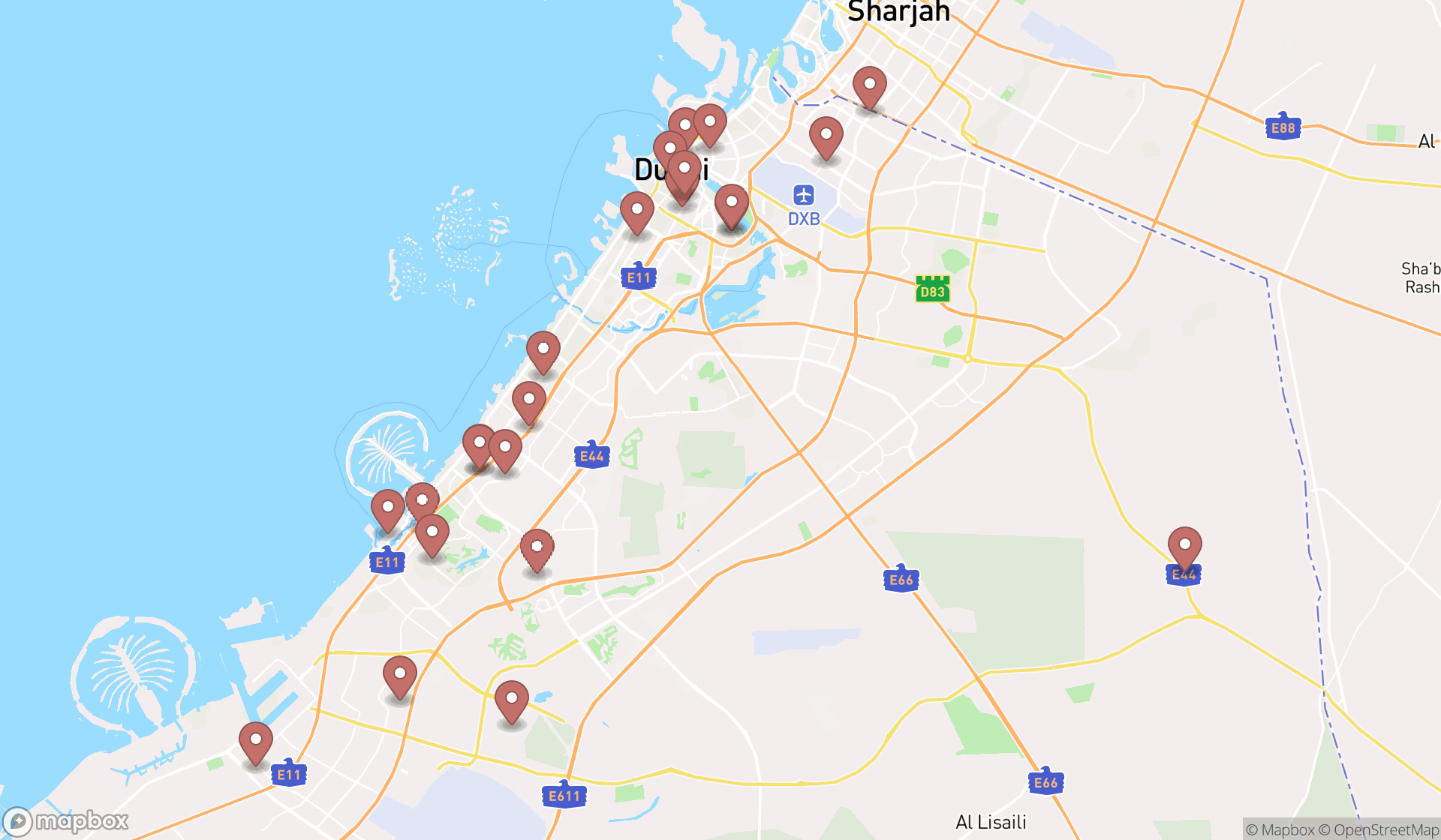 Map showing the search results in Dubai