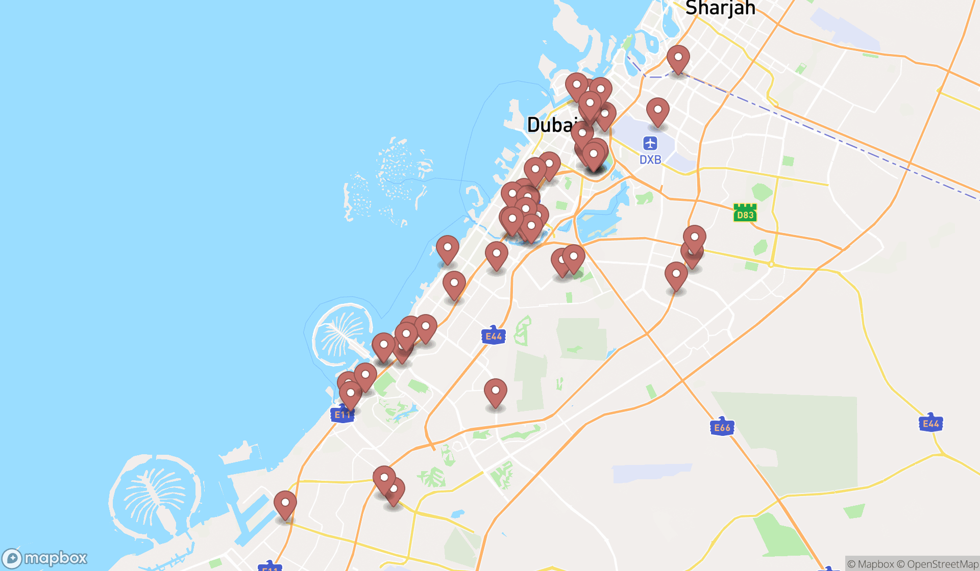 Map showing the search results in Dubai