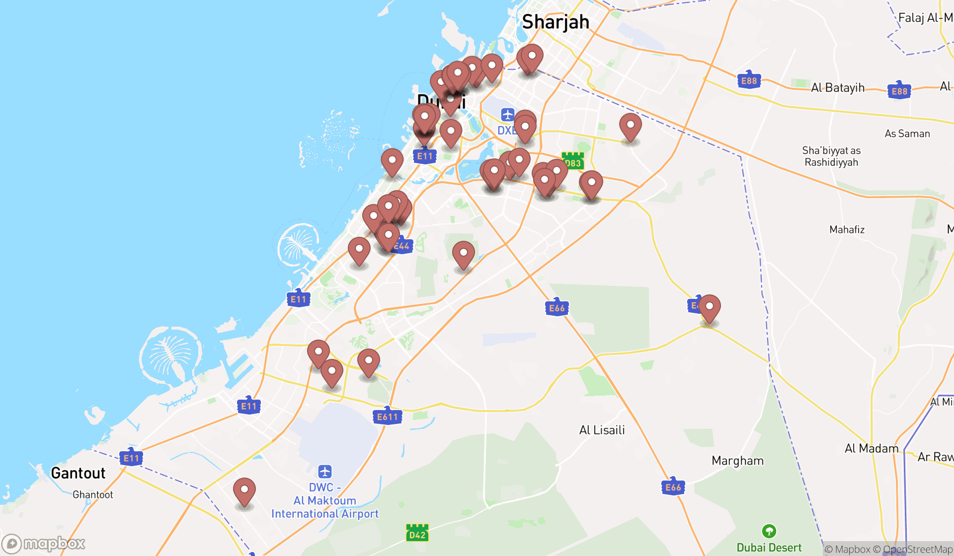 Map showing the search results in Dubai