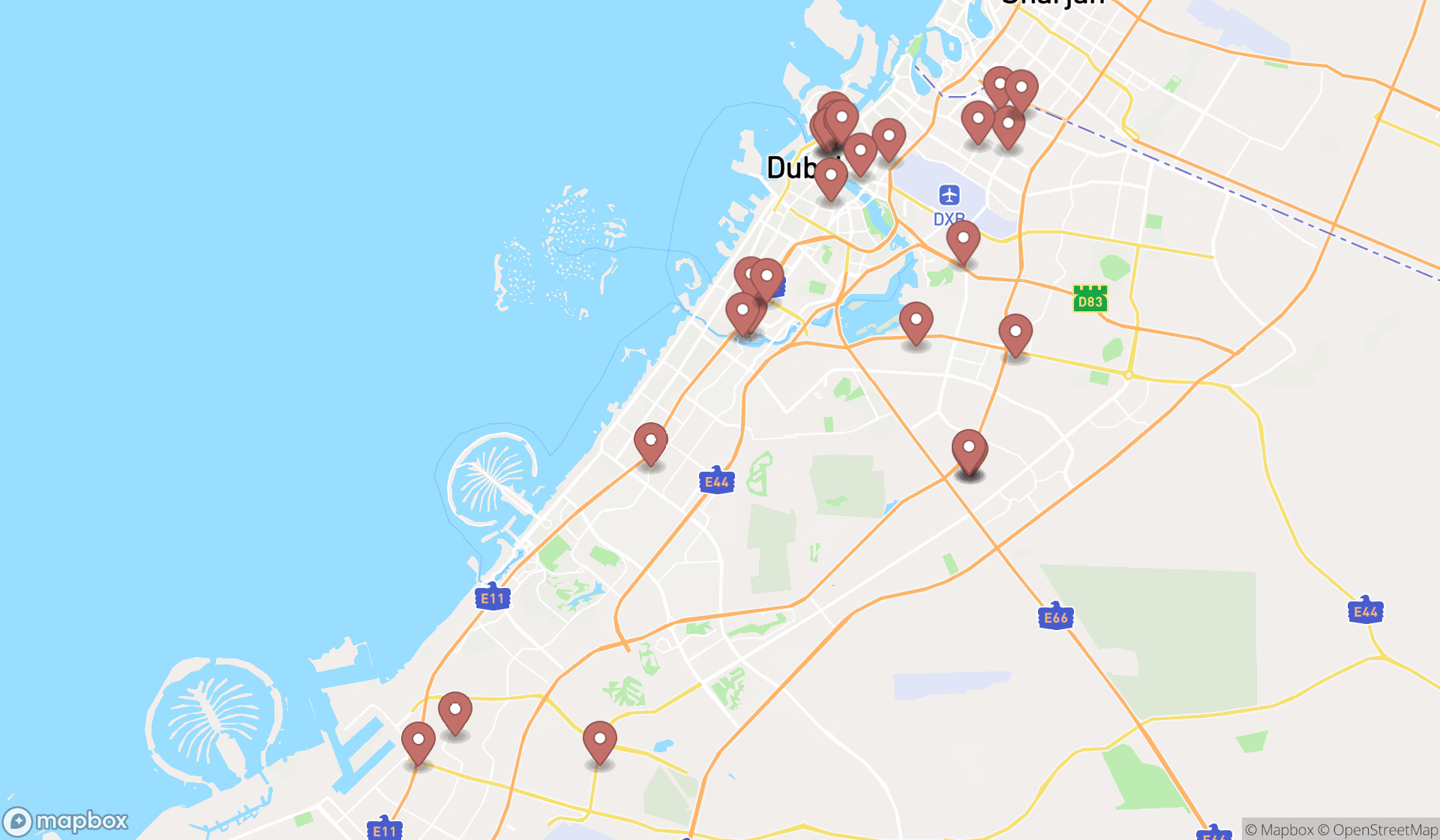 Map showing the search results in Dubai