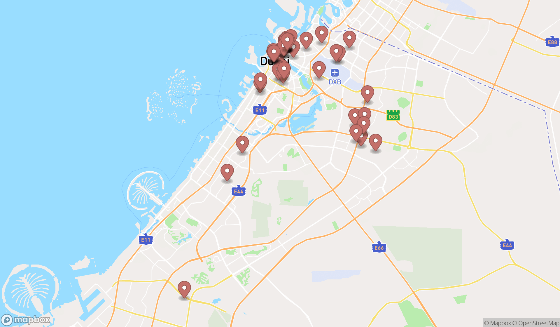 Map showing the search results in Dubai