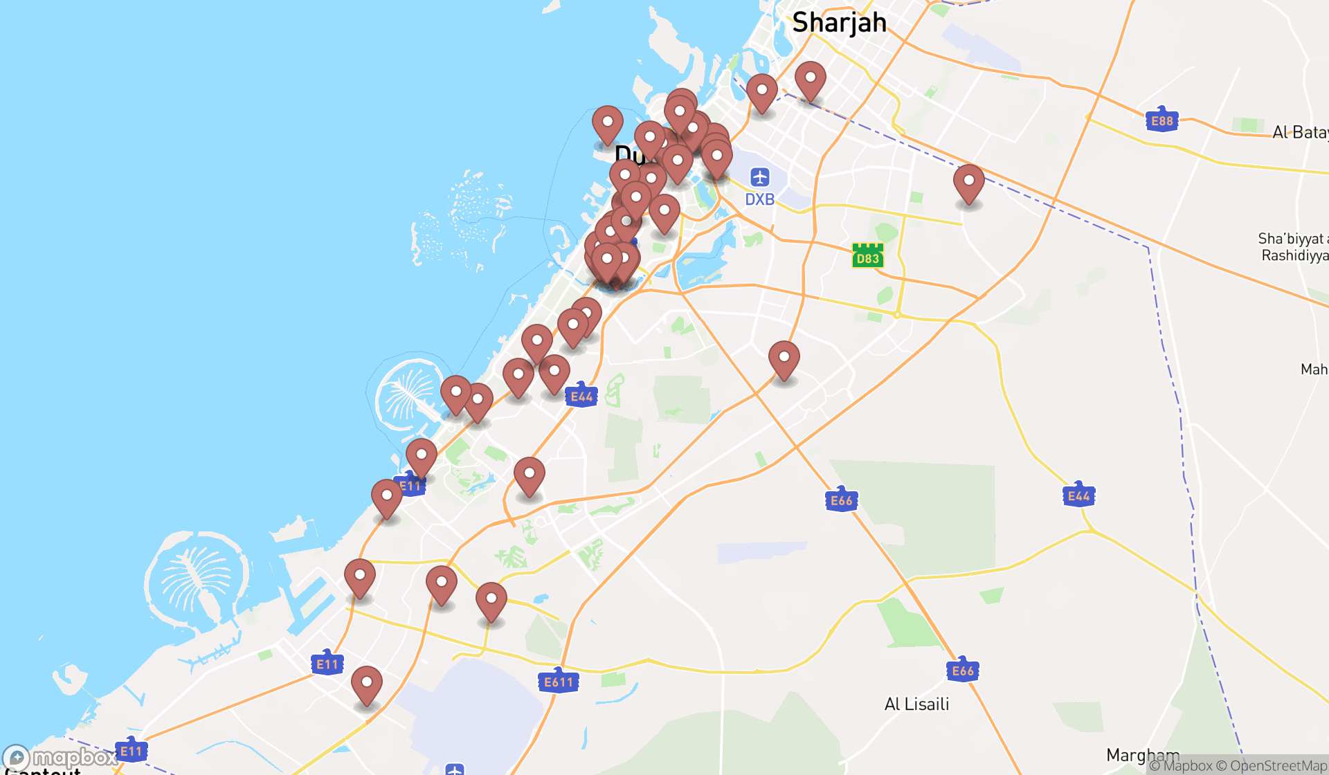 Map showing the search results in Dubai