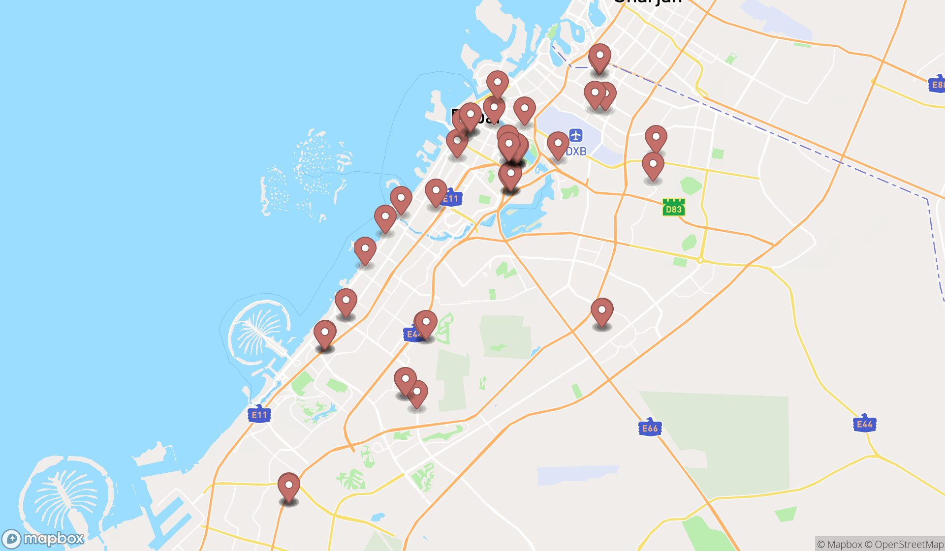 Map showing the search results in Dubai