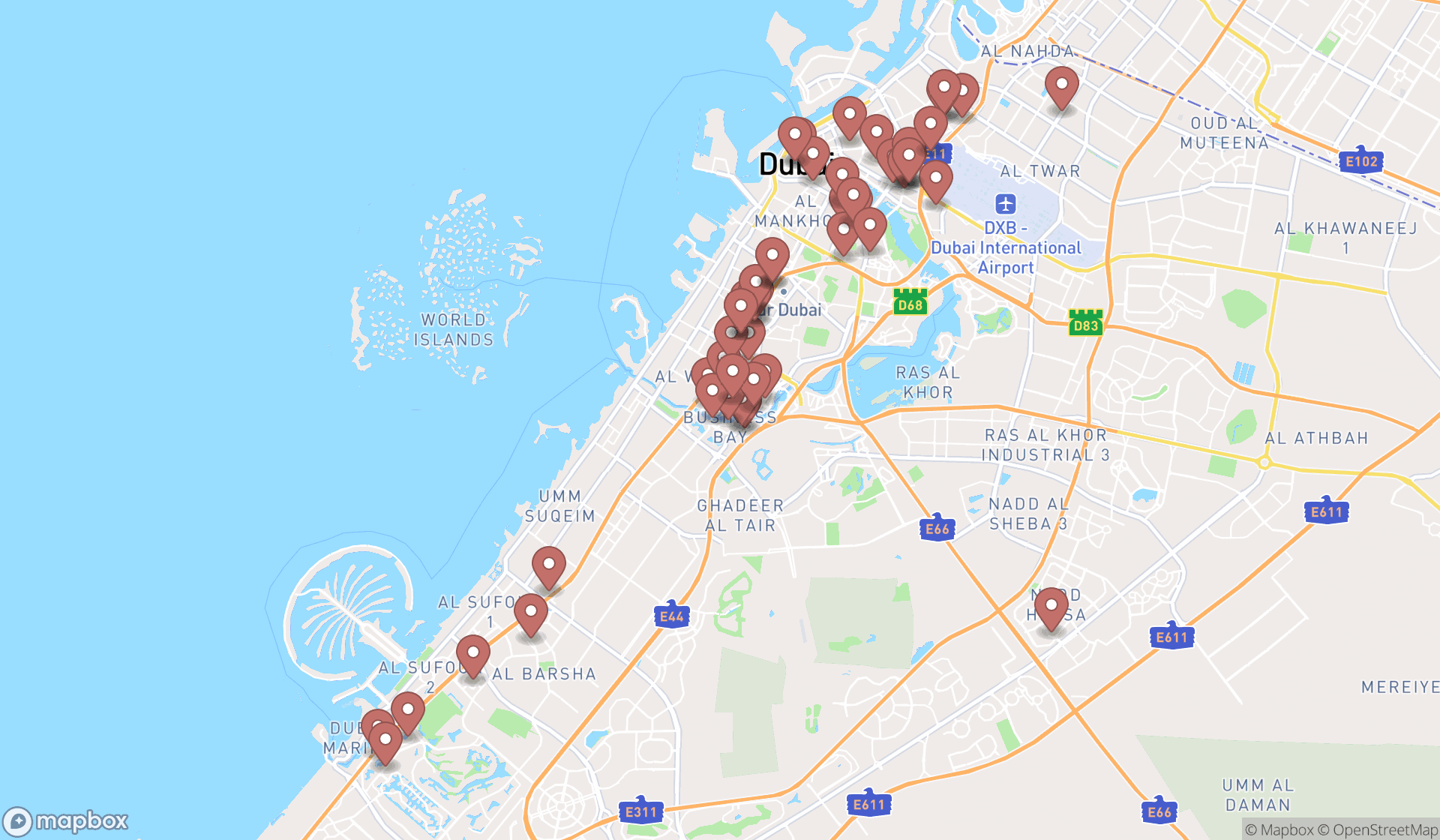 Map showing the search results in Dubai